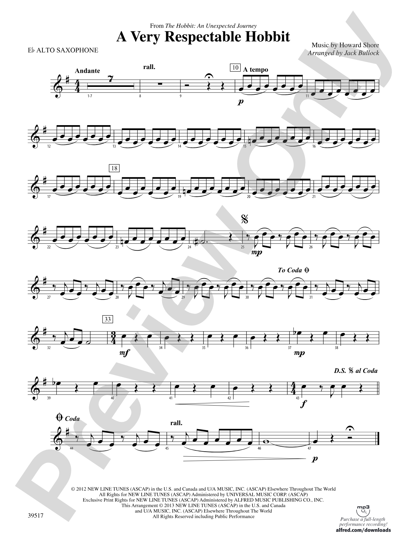 A Very Respectable Hobbit (from The Hobbit: An Unexpected Journey): E-flat Alto Saxophone