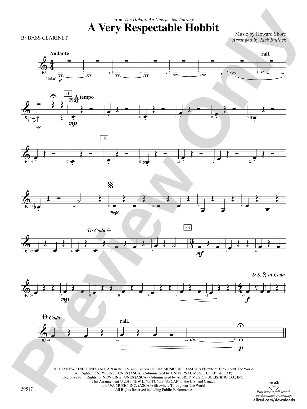 A Very Respectable Hobbit (from The Hobbit: An Unexpected Journey): B-flat Bass Clarinet