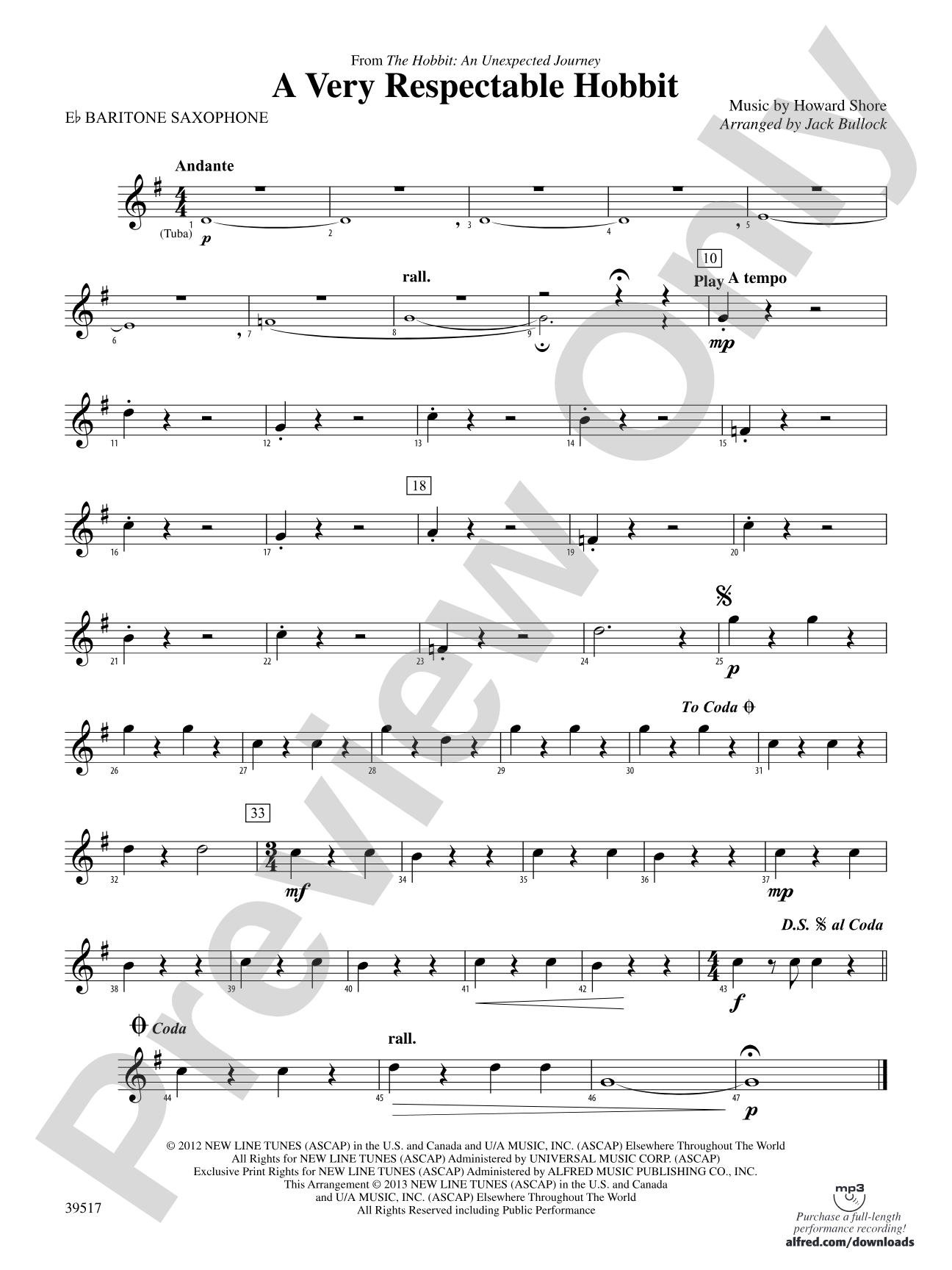 A Very Respectable Hobbit (from The Hobbit: An Unexpected Journey): E-flat Baritone Saxophone