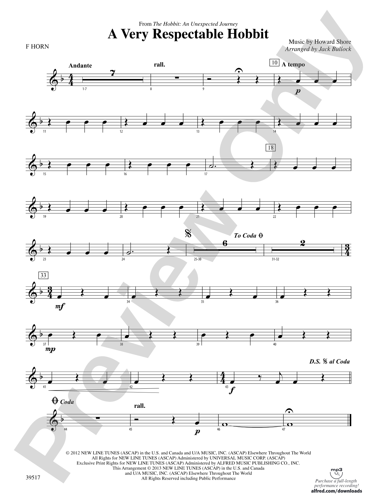 A Very Respectable Hobbit (from The Hobbit: An Unexpected Journey): 1st F Horn