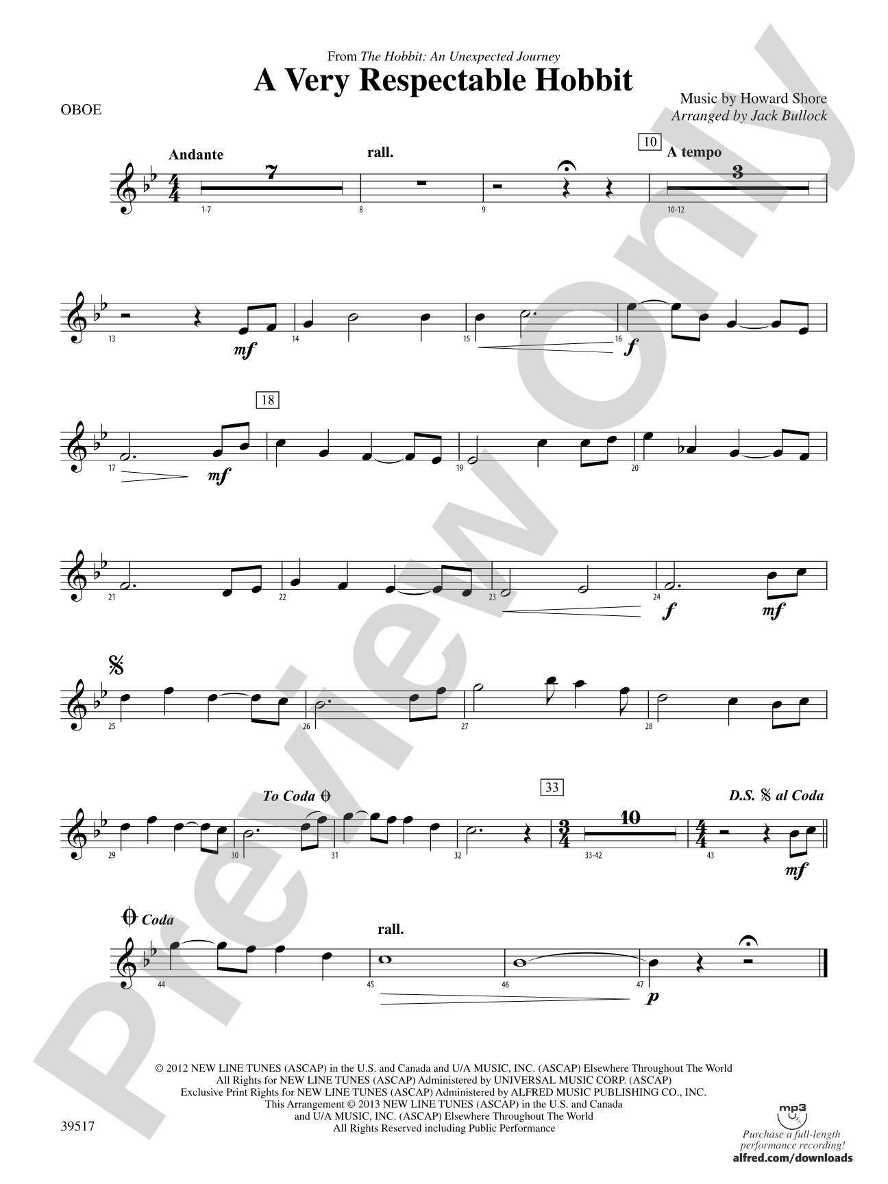 A Very Respectable Hobbit (from The Hobbit: An Unexpected Journey): Oboe