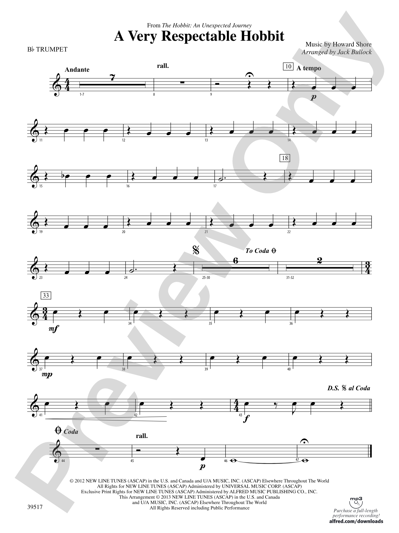 A Very Respectable Hobbit (from The Hobbit: An Unexpected Journey): 1st B-flat Trumpet