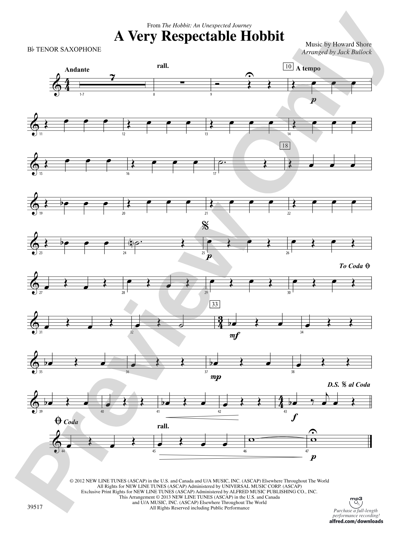 A Very Respectable Hobbit (from The Hobbit: An Unexpected Journey): B-flat Tenor Saxophone