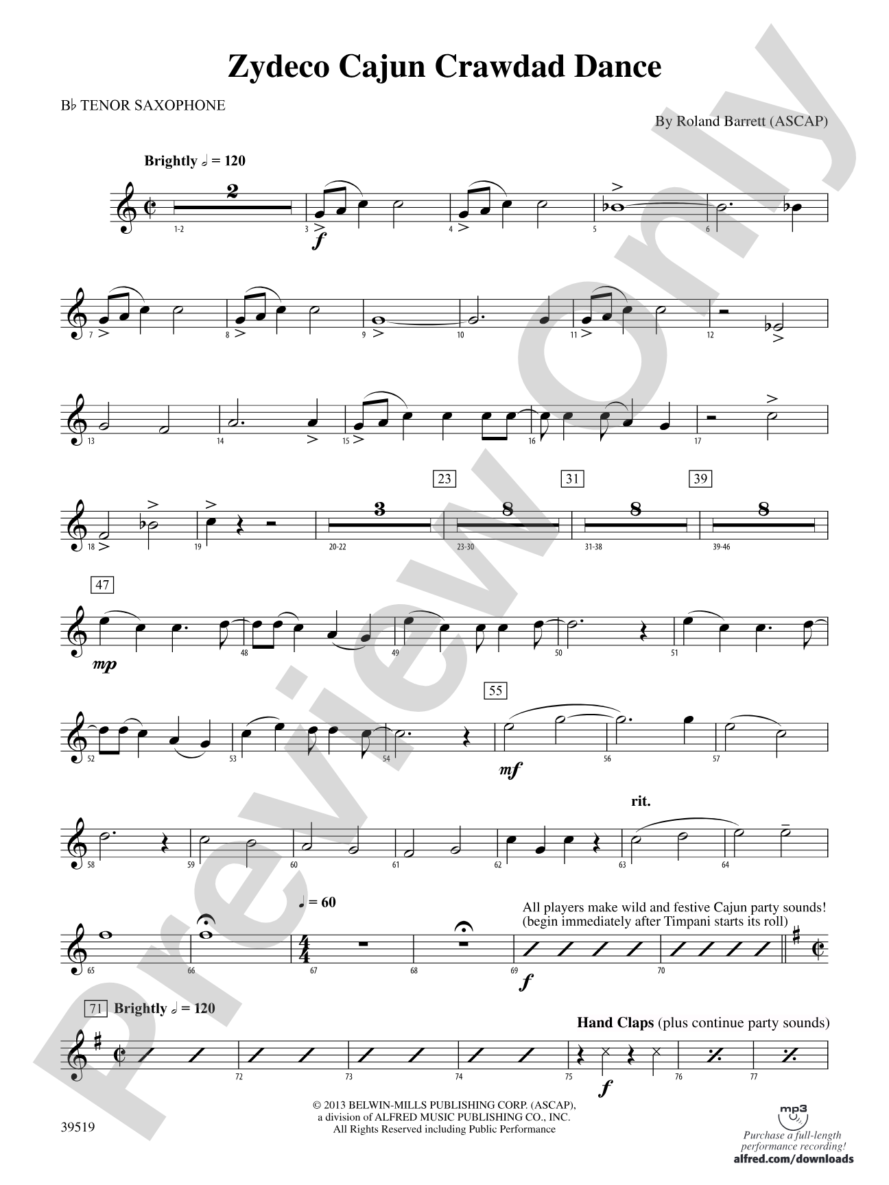 Zydeco Cajun Crawdad Dance: B-flat Tenor Saxophone