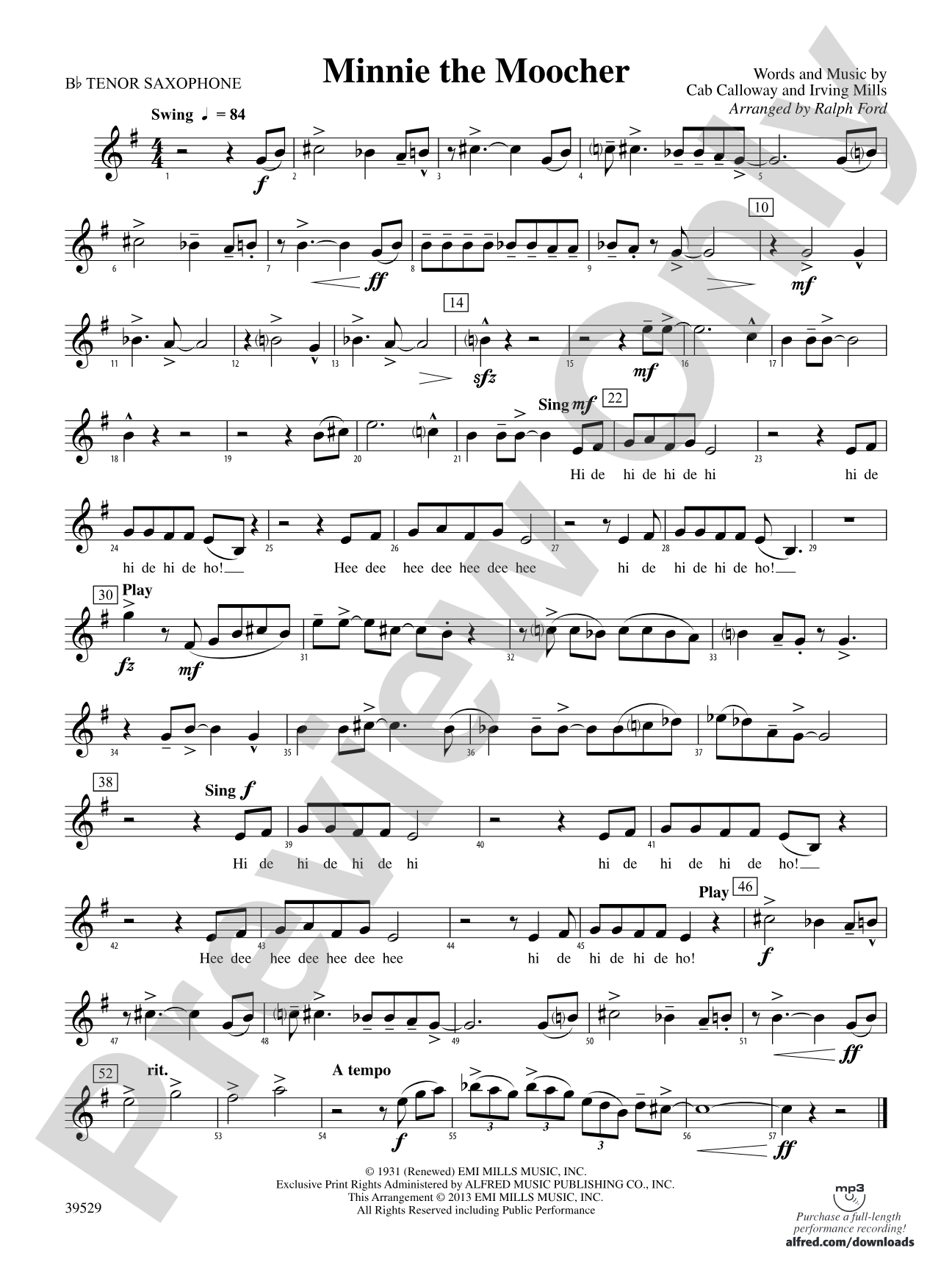 Minnie the Moocher: B-flat Tenor Saxophone