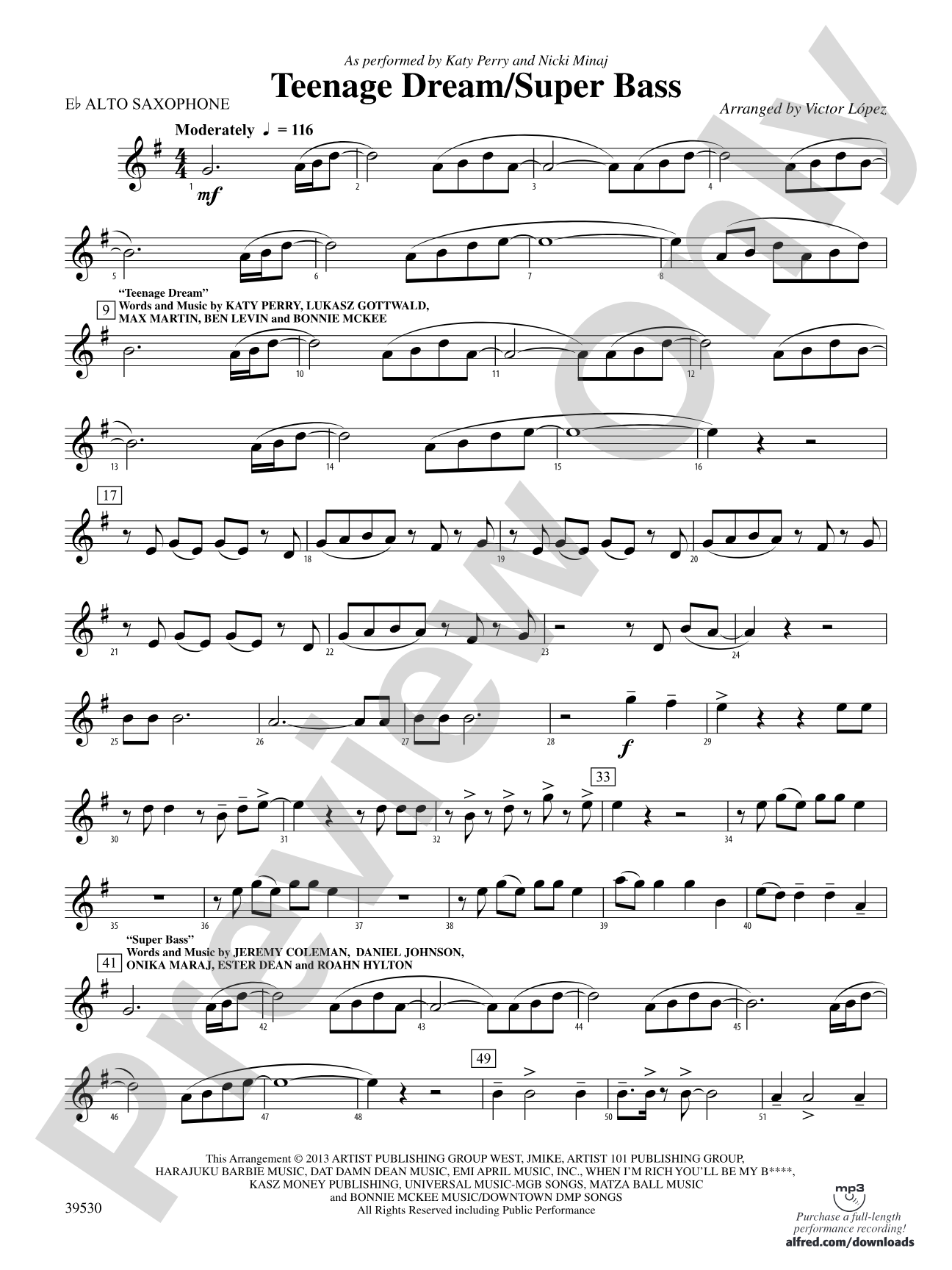 Teenage Dream / Super Bass: E-flat Alto Saxophone
