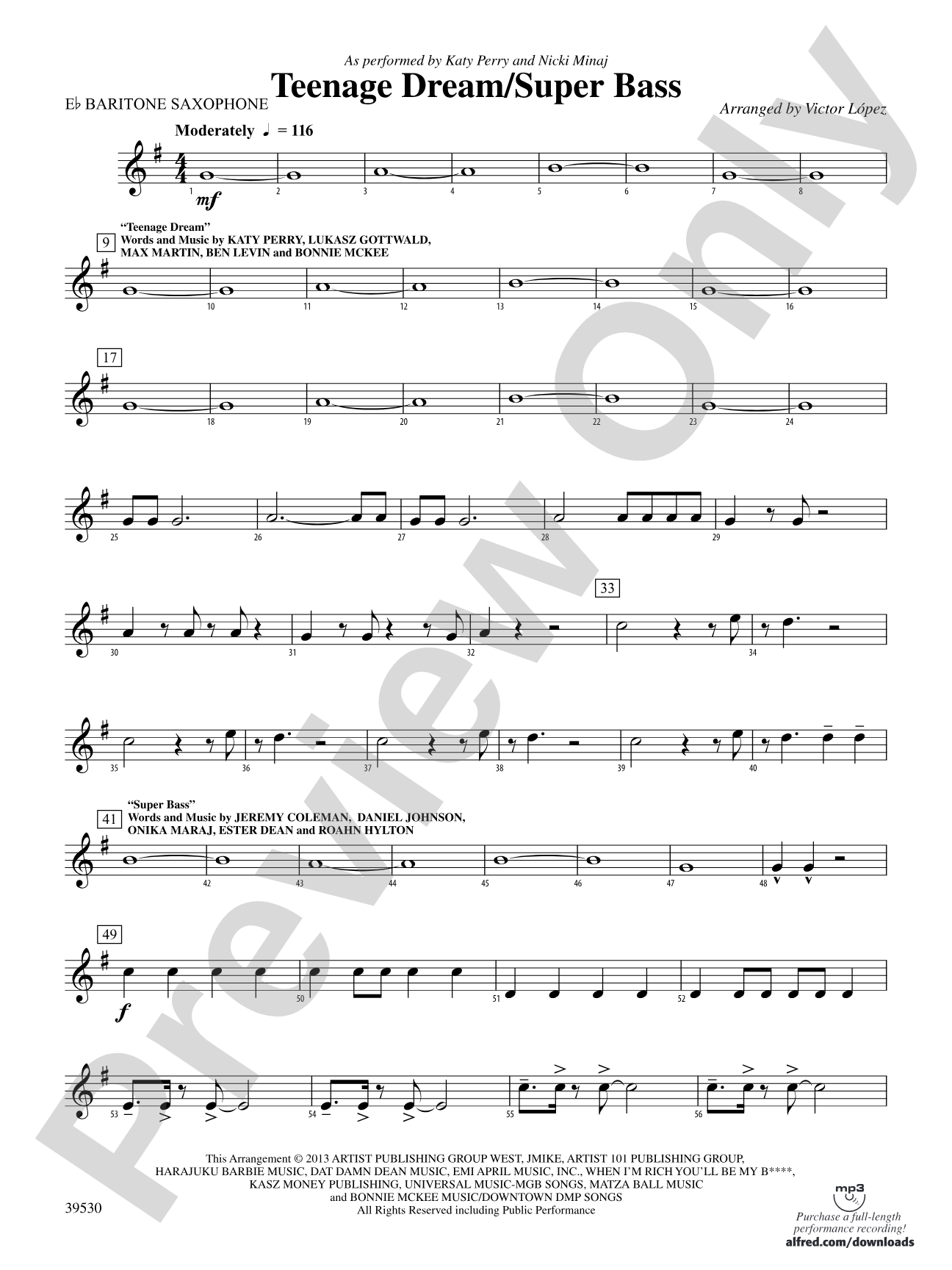 Teenage Dream / Super Bass: E-flat Baritone Saxophone