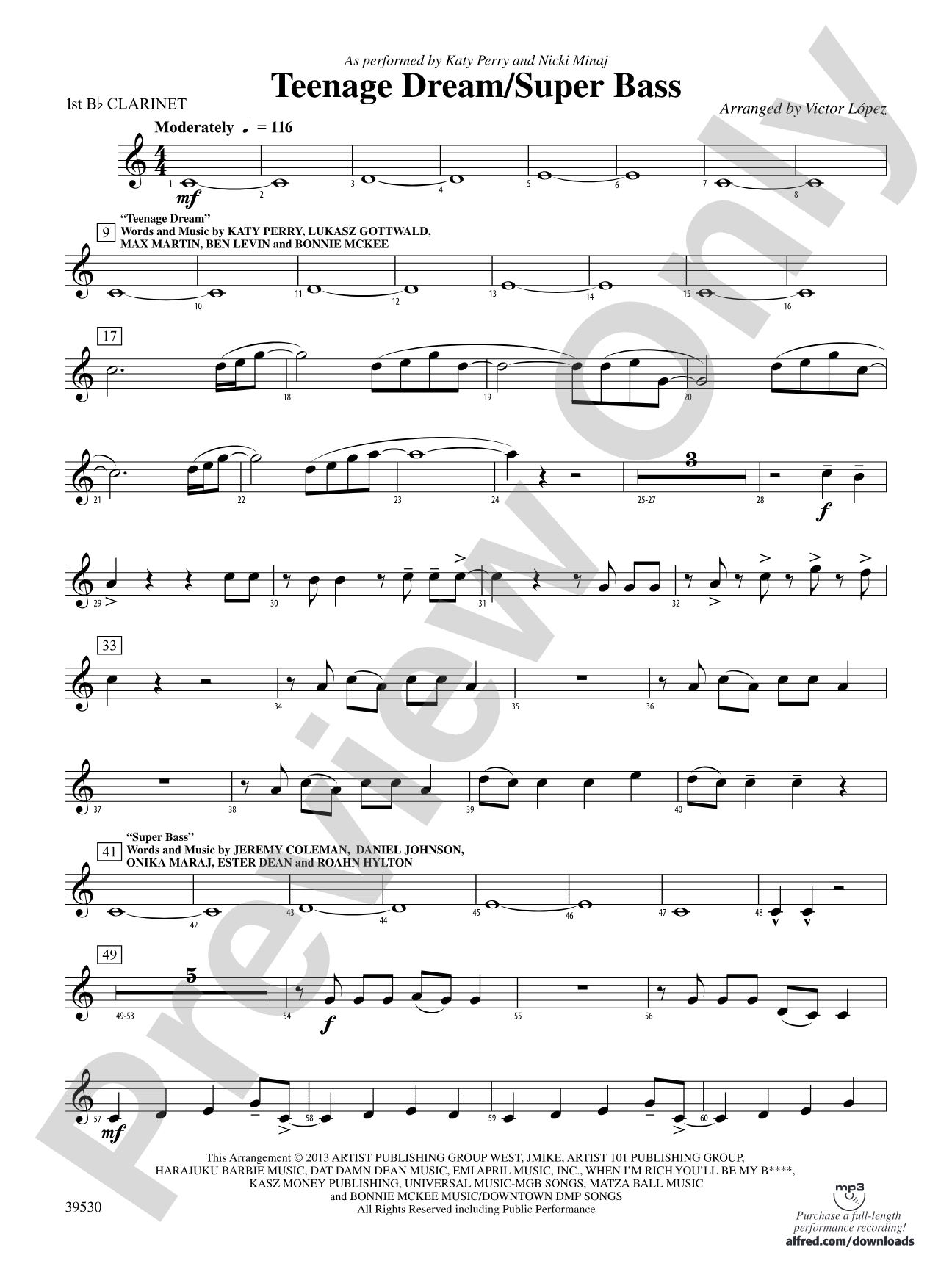 Teenage Dream / Super Bass: 1st B-flat Clarinet