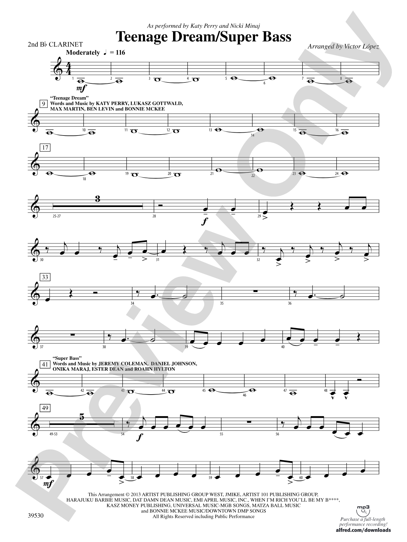 Teenage Dream / Super Bass: 2nd B-flat Clarinet