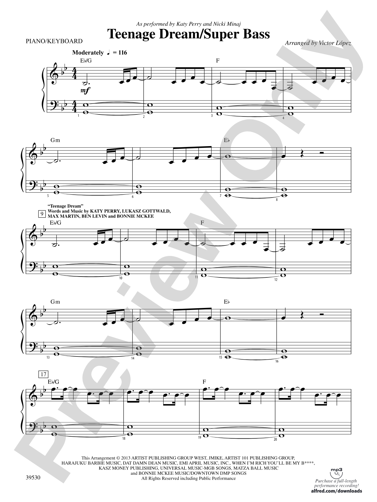 Teenage Dream / Super Bass: Piano Accompaniment