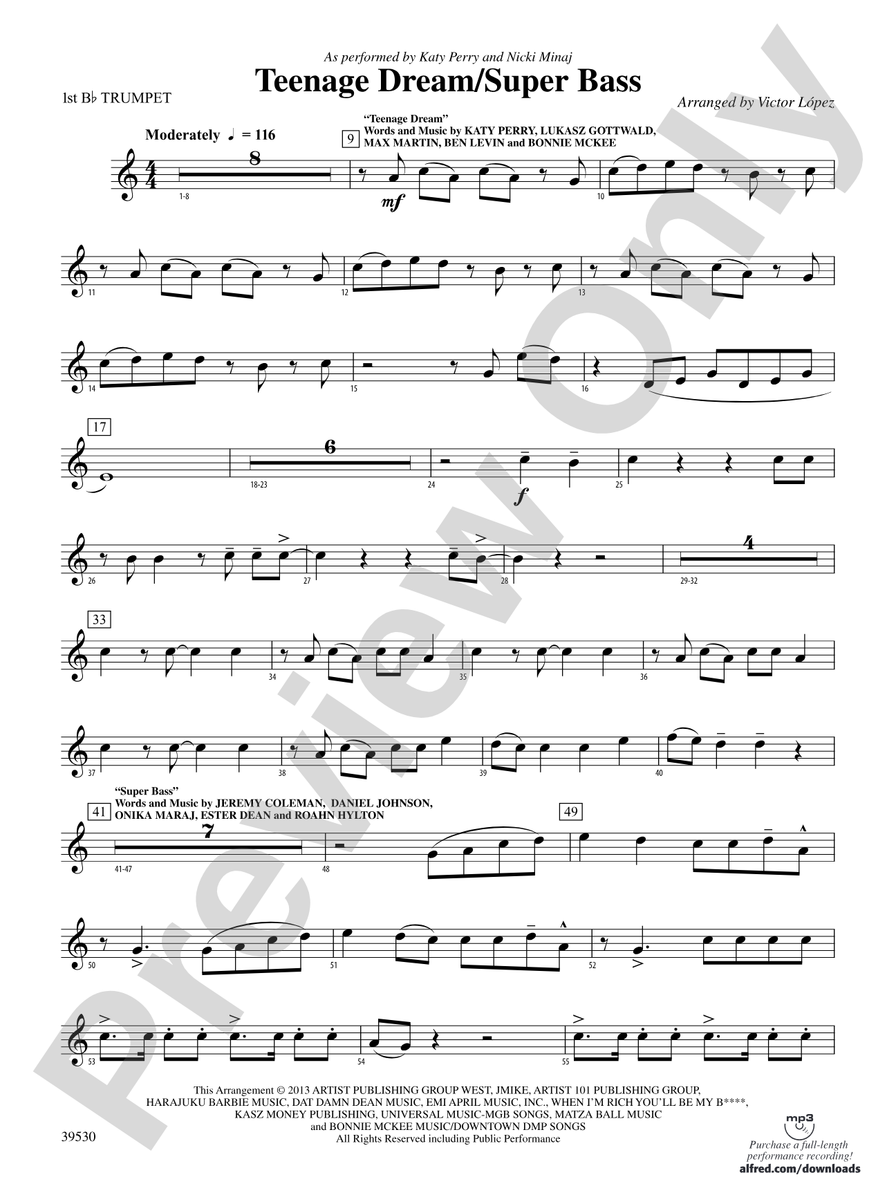Teenage Dream / Super Bass: 1st B-flat Trumpet