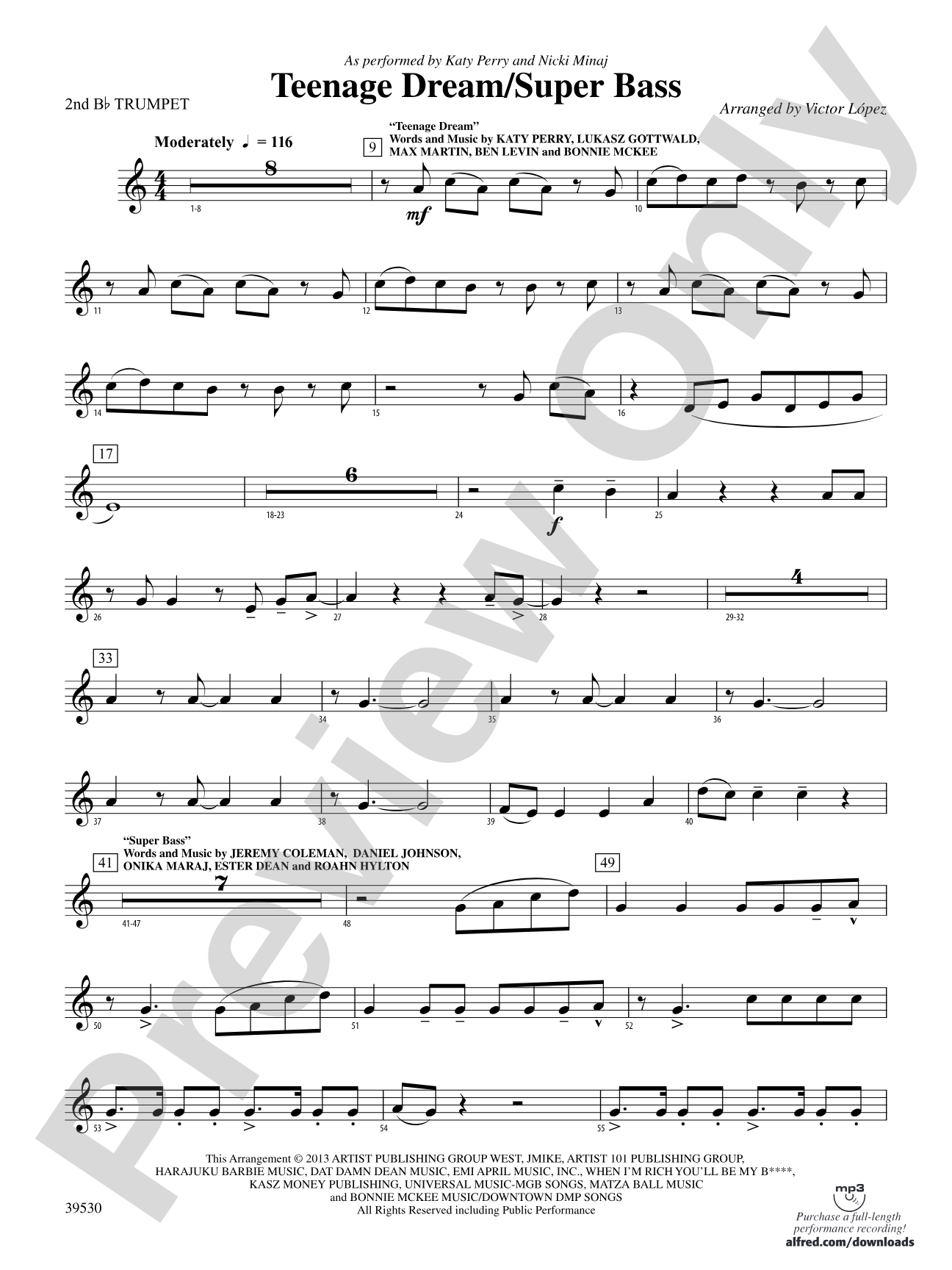 Teenage Dream / Super Bass: 2nd B-flat Trumpet