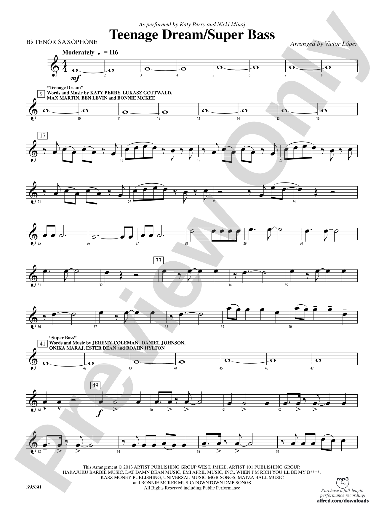 Teenage Dream / Super Bass: B-flat Tenor Saxophone