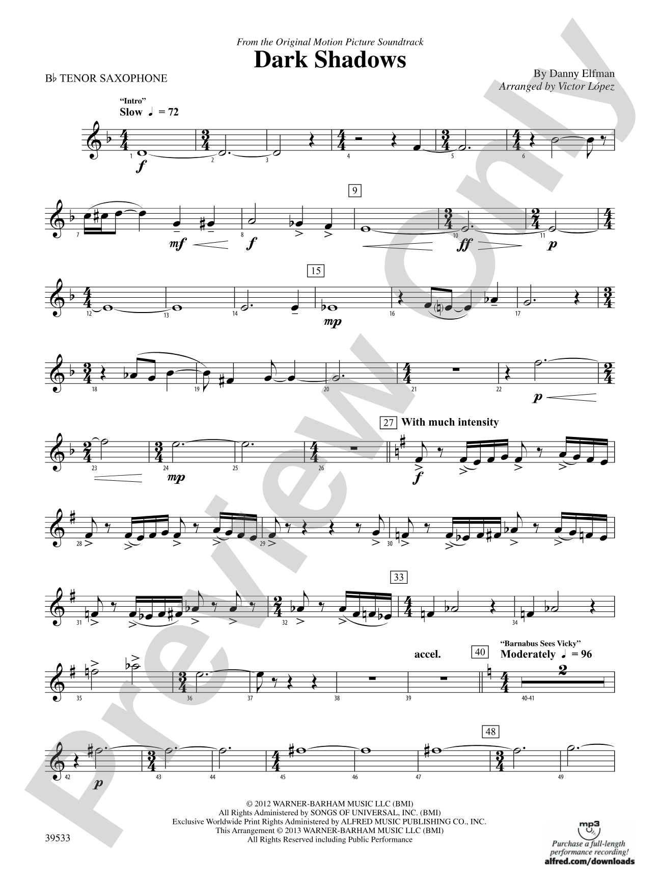 Dark Shadows (from the Original Motion Picture Soundtrack): B-flat Tenor Saxophone