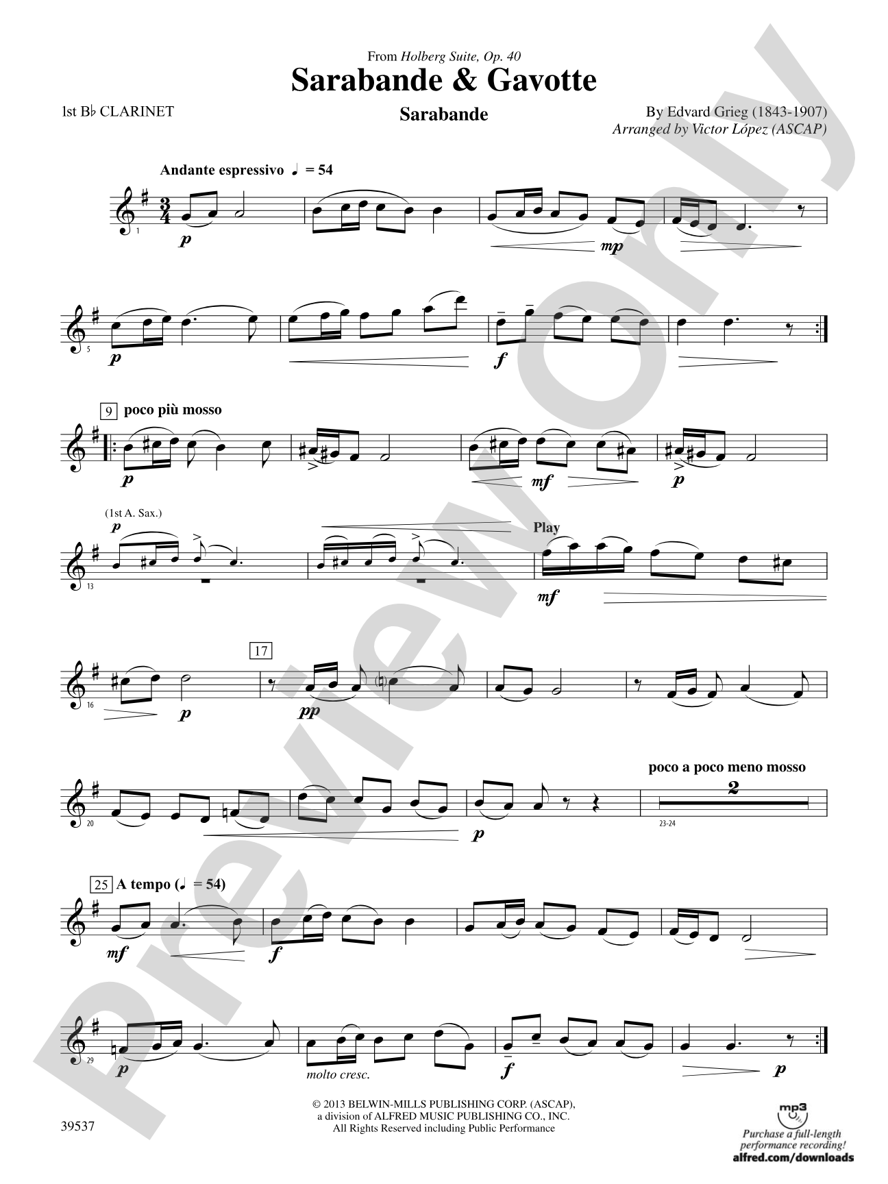 Sarabande & Gavotte (from the Holberg Suite, Op. 40): 1st B-flat Clarinet