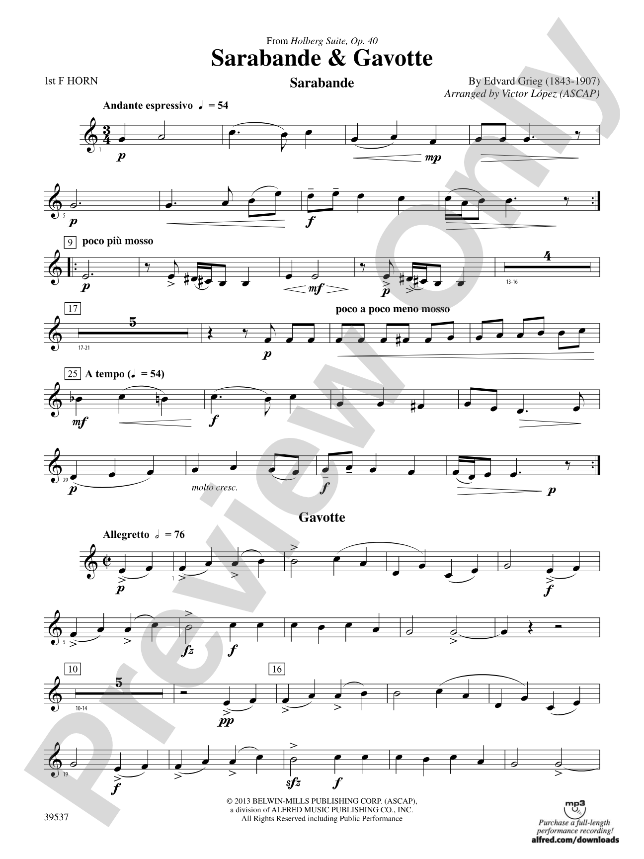 Sarabande & Gavotte (from the Holberg Suite, Op. 40): 1st F Horn