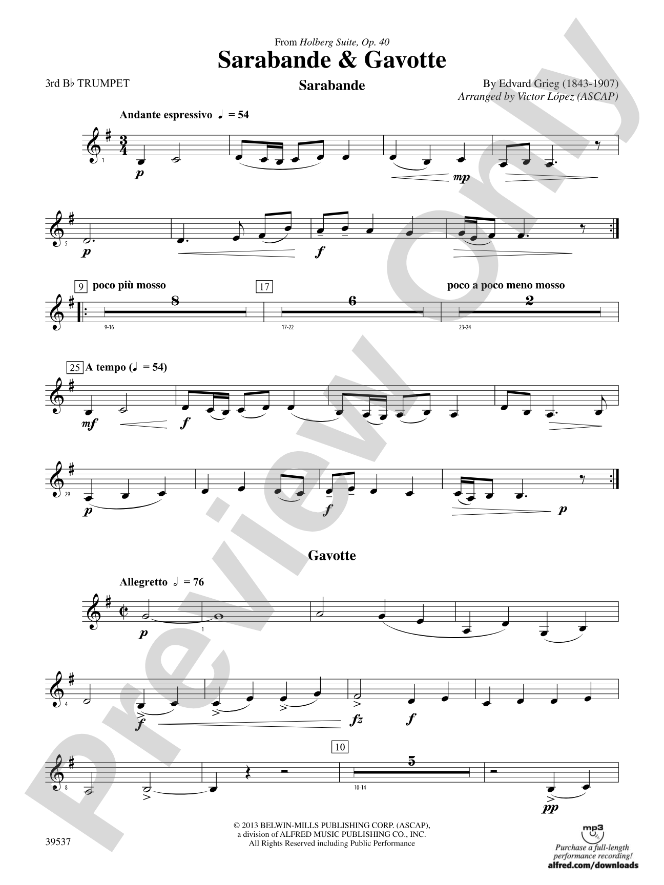 Sarabande & Gavotte (from the Holberg Suite, Op. 40): 3rd B-flat Trumpet