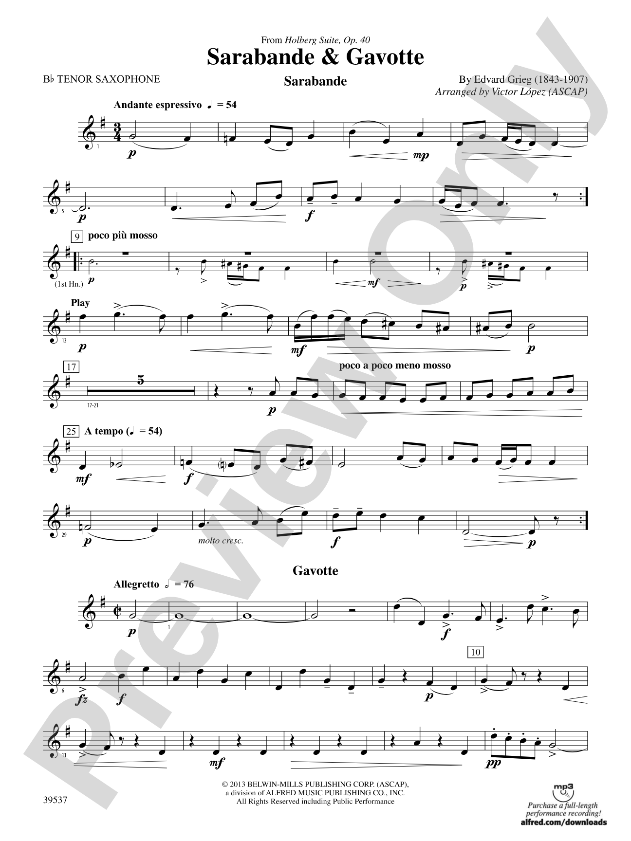 Sarabande & Gavotte (from the Holberg Suite, Op. 40): B-flat Tenor Saxophone