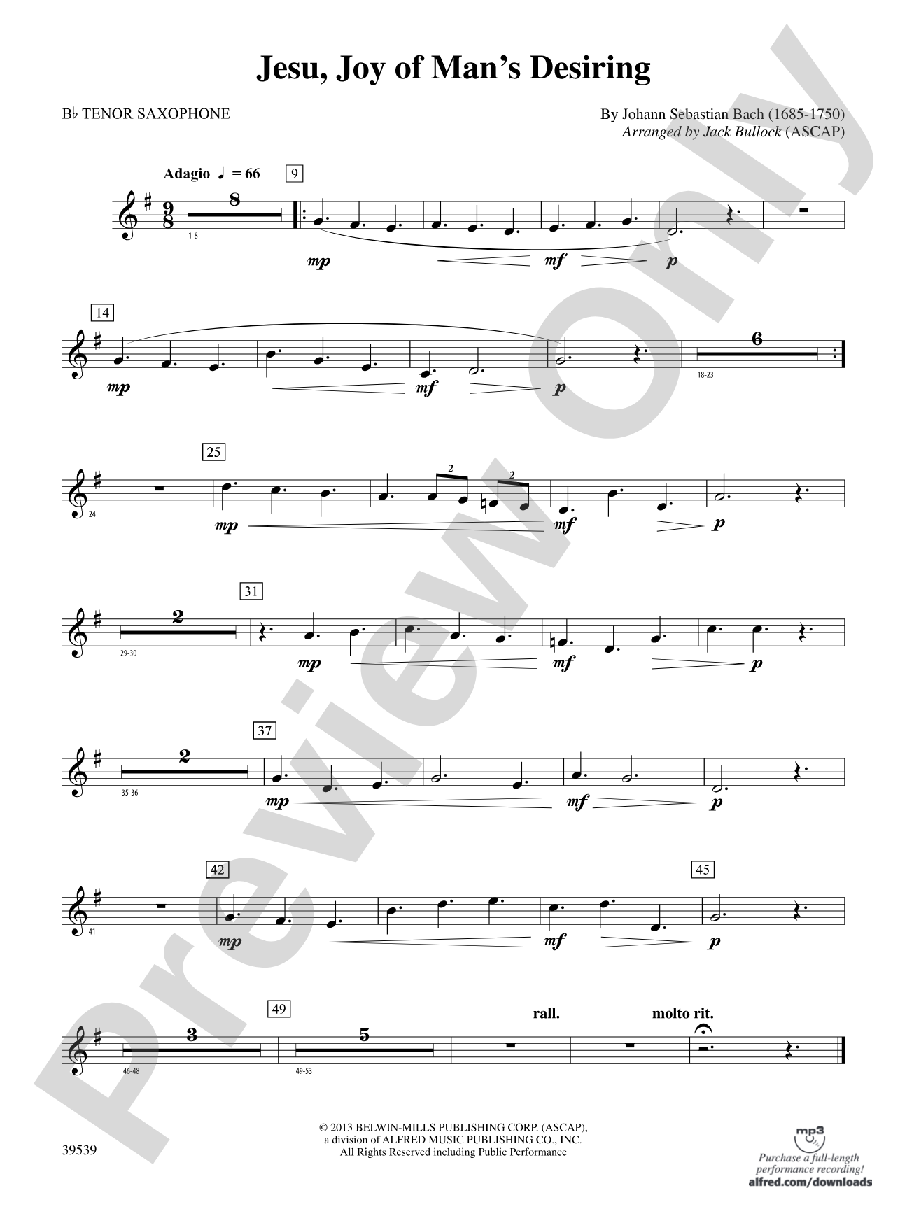 Jesu, Joy of Man's Desiring: B-flat Tenor Saxophone
