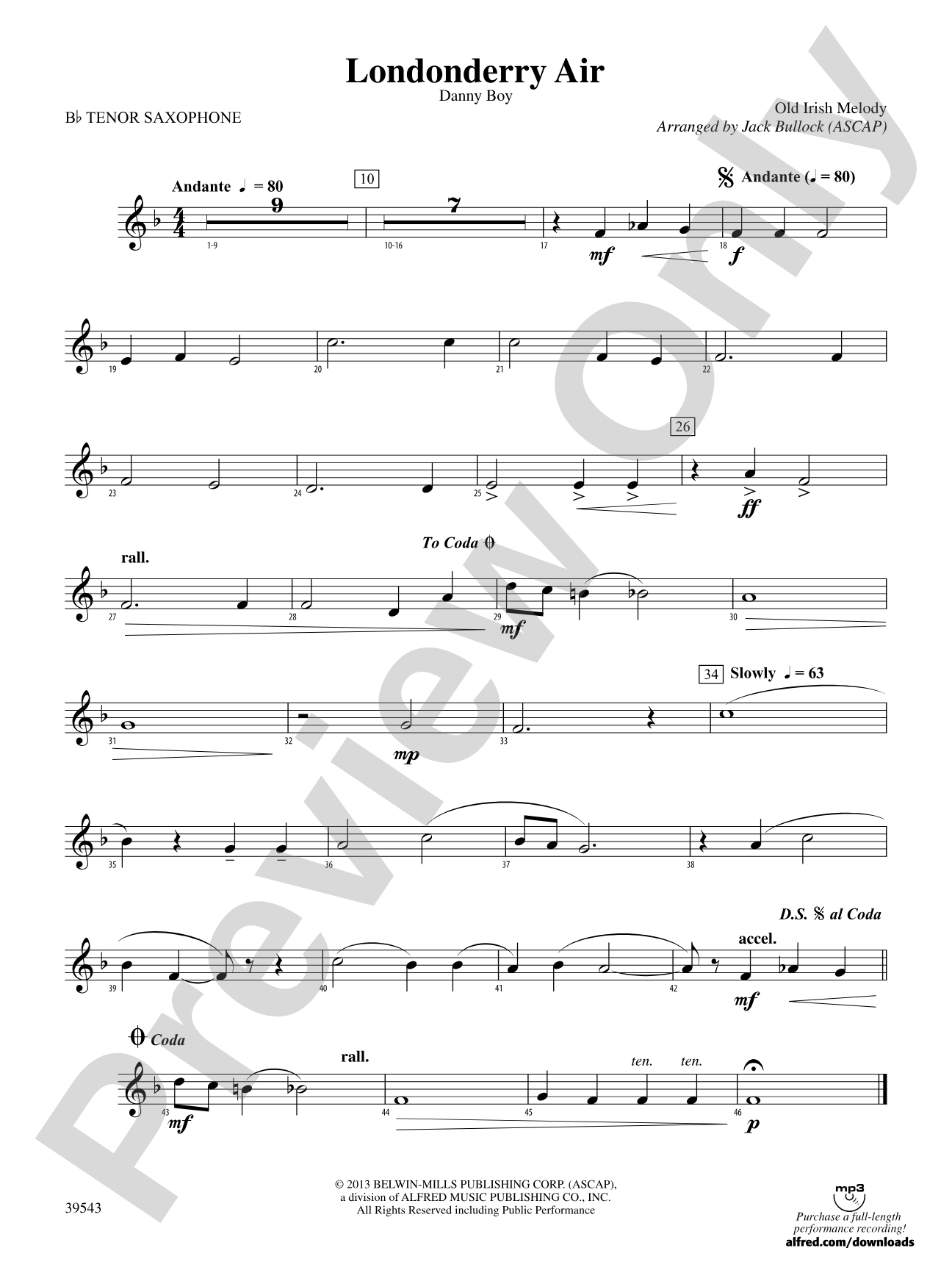 Londonderry Air: B-flat Tenor Saxophone