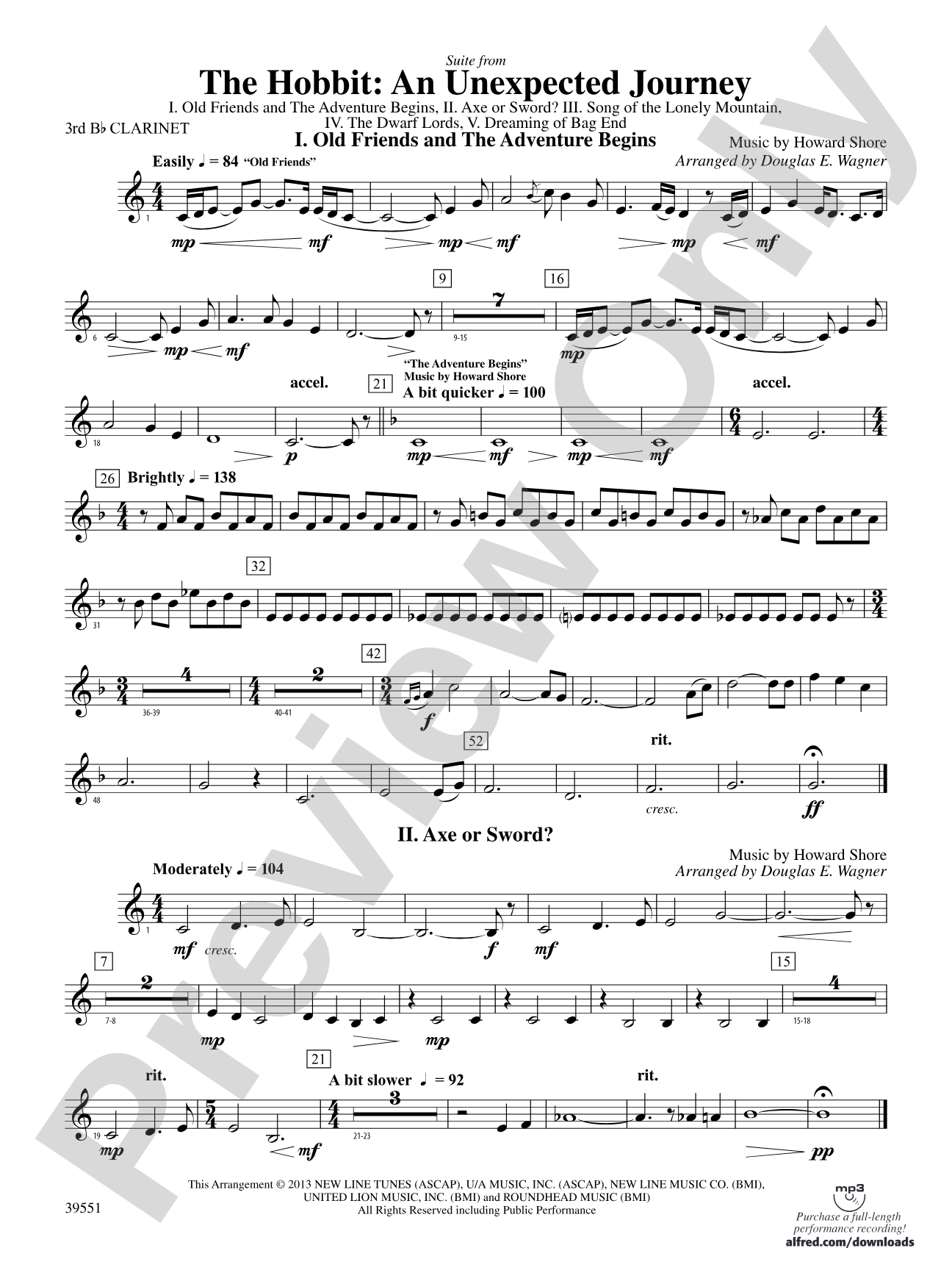 The Hobbit: An Unexpected Journey, Suite from: 3rd B-flat Clarinet