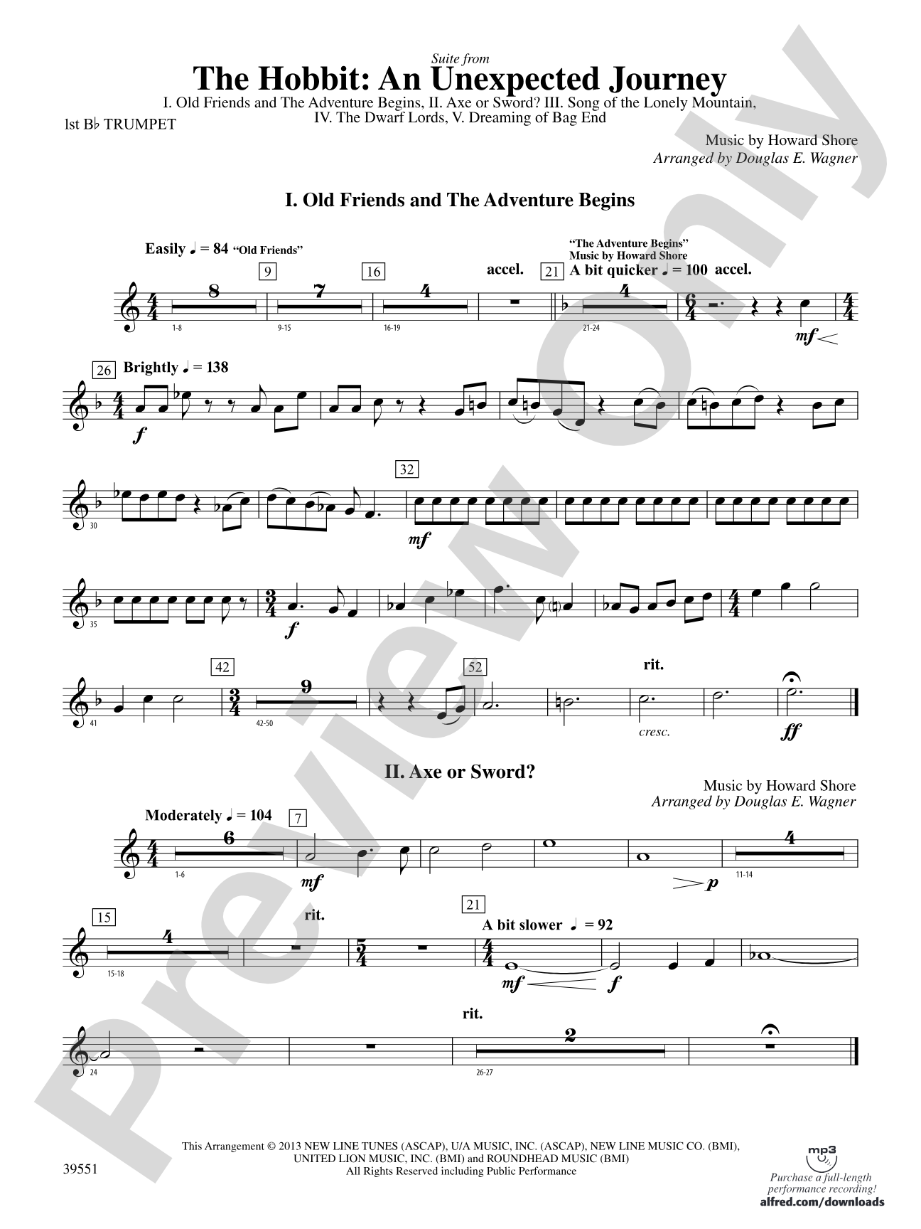 The Hobbit: An Unexpected Journey, Suite from: 1st B-flat Trumpet
