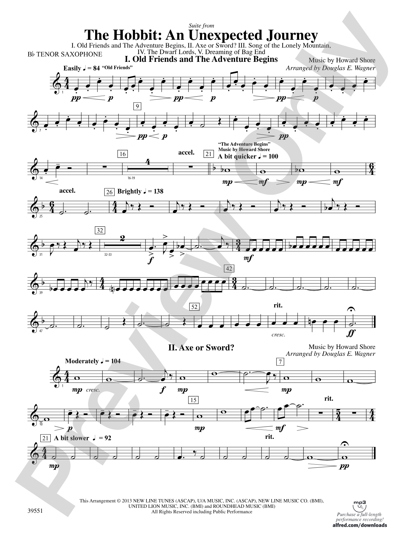 The Hobbit: An Unexpected Journey, Suite from: B-flat Tenor Saxophone