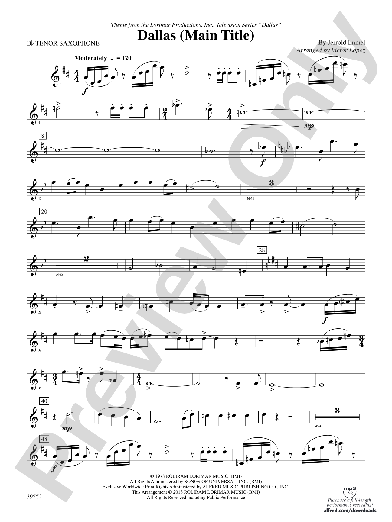 Dallas (Main Title): B-flat Tenor Saxophone