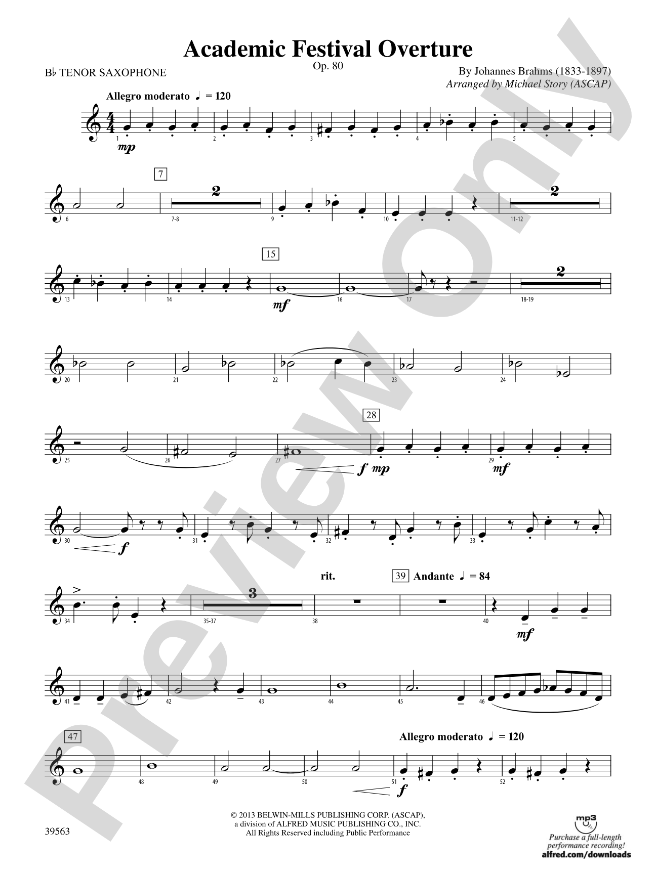 Academic Festival Overture: B-flat Tenor Saxophone