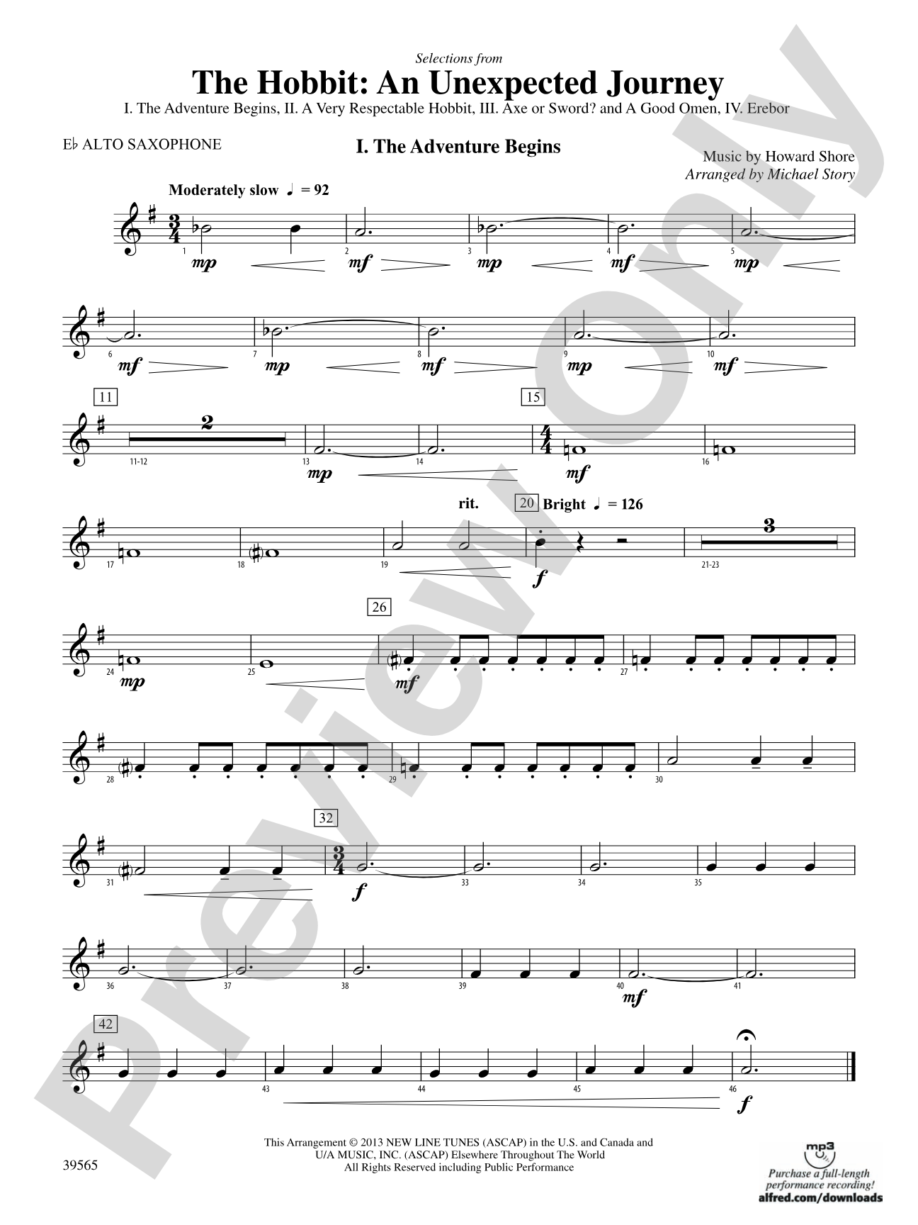 The Hobbit: An Unexpected Journey, Selections from: E-flat Alto Saxophone