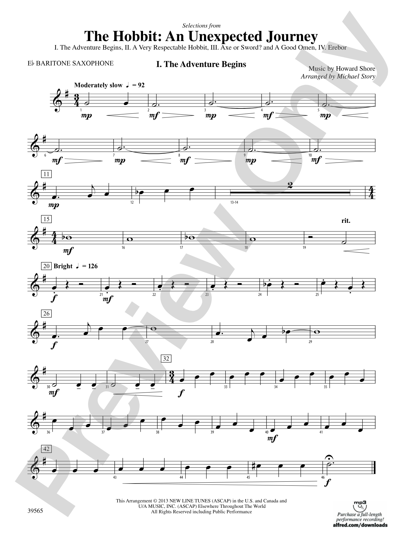 The Hobbit: An Unexpected Journey, Selections from: E-flat Baritone Saxophone