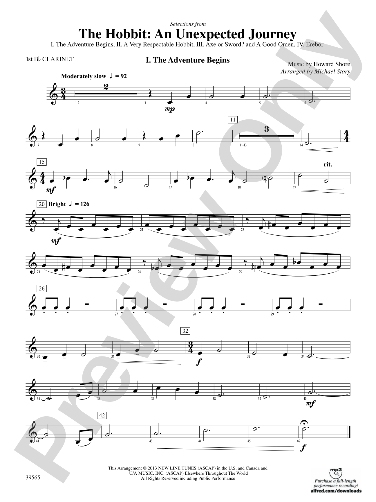 The Hobbit: An Unexpected Journey, Selections from: 1st B-flat Clarinet