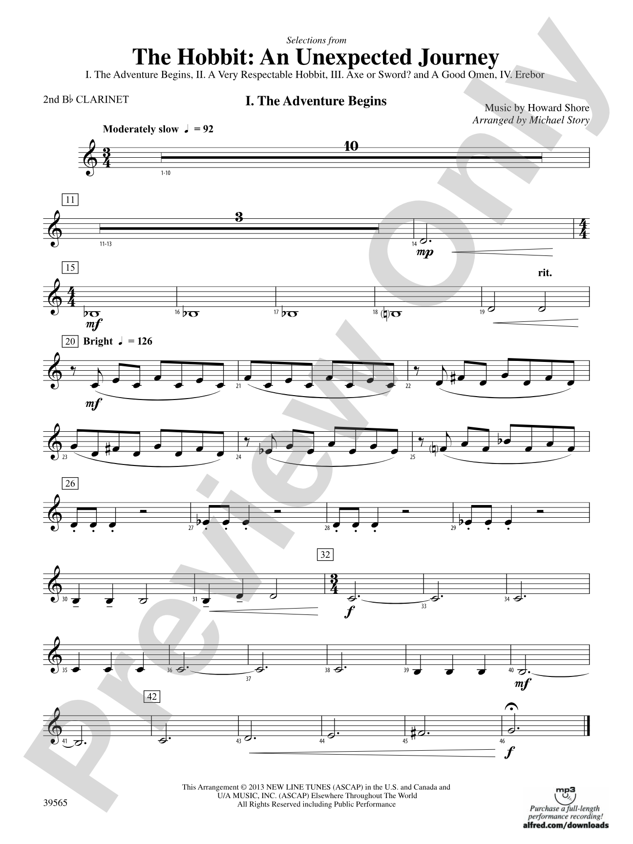 The Hobbit: An Unexpected Journey, Selections from: 2nd B-flat Clarinet