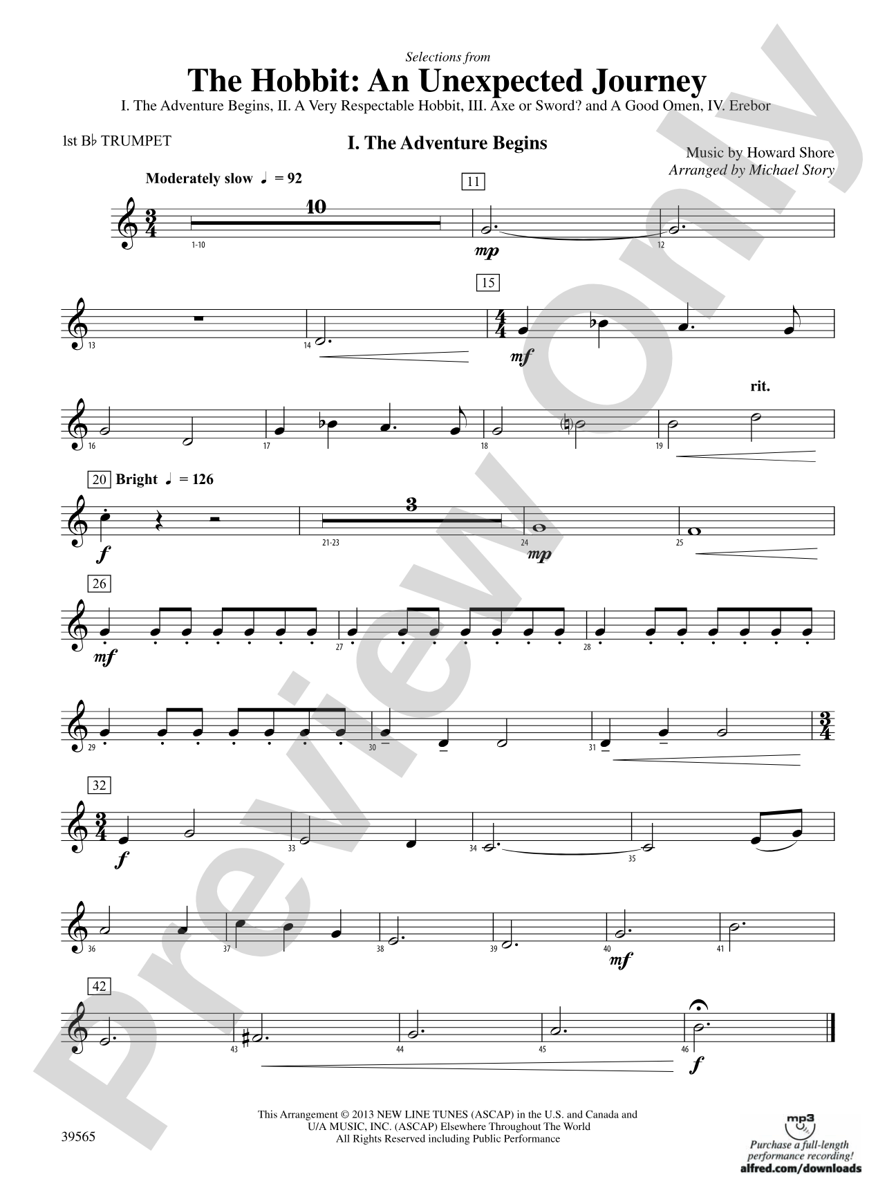 The Hobbit: An Unexpected Journey, Selections from: 1st B-flat Trumpet