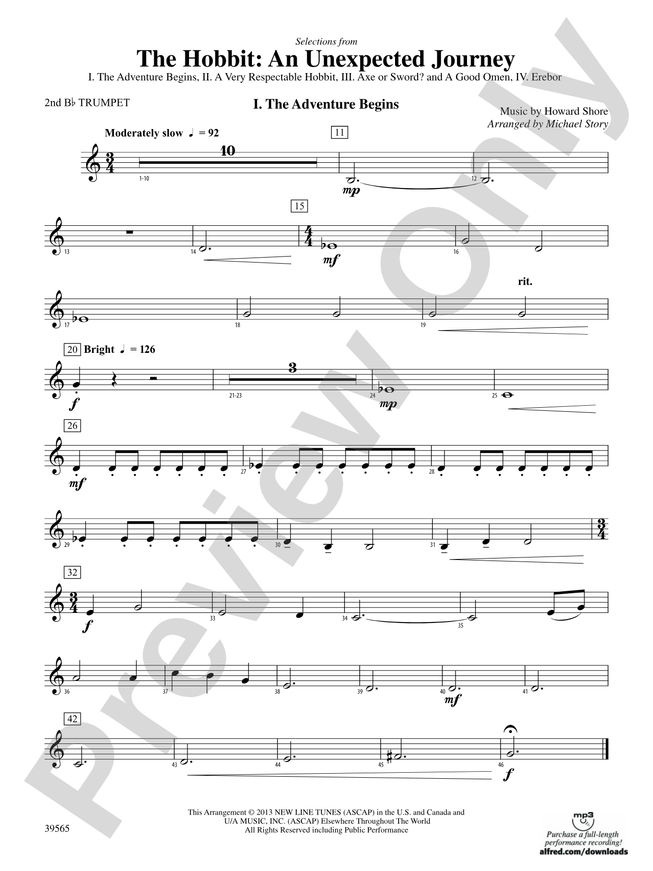 The Hobbit: An Unexpected Journey, Selections from: 2nd B-flat Trumpet