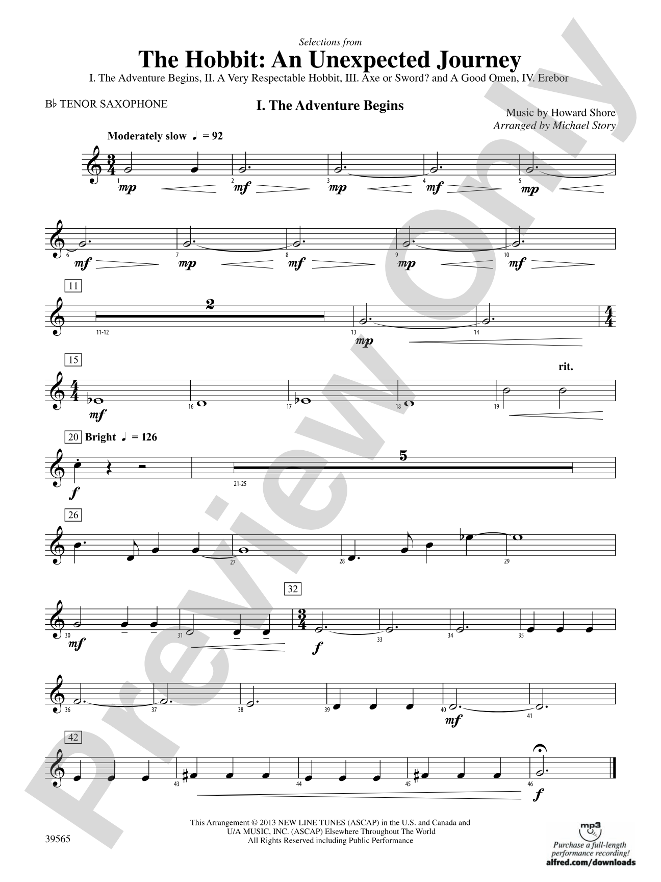 The Hobbit: An Unexpected Journey, Selections from: B-flat Tenor Saxophone