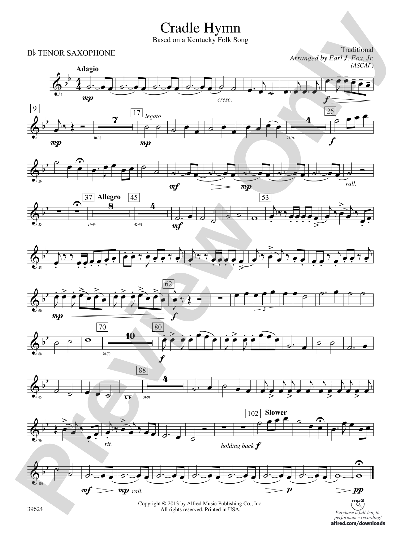 Cradle Hymn: B-flat Tenor Saxophone
