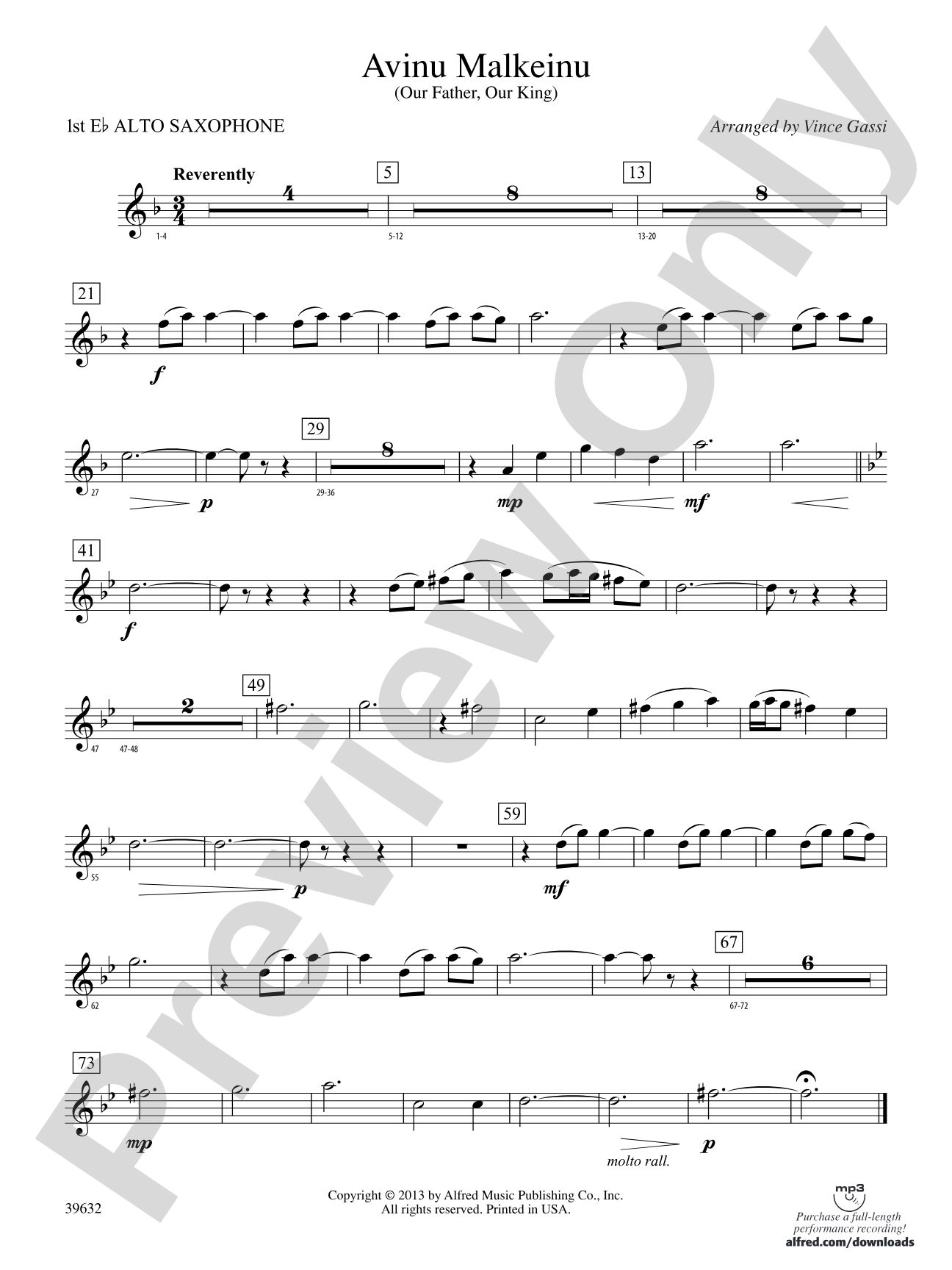 Avinu Malkeinu: E-flat Alto Saxophone