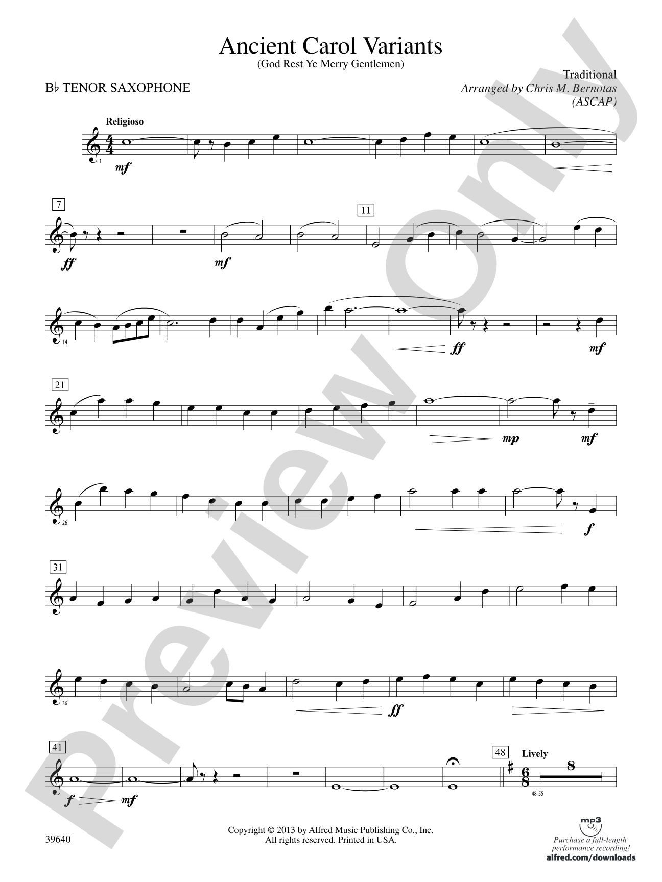 Ancient Carol Variants: B-flat Tenor Saxophone