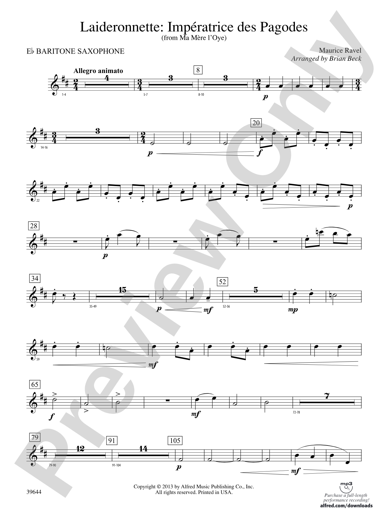 Laideronnette: Impératrice des Pagodes (from Ma mère l'oye ): E-flat Baritone Saxophone