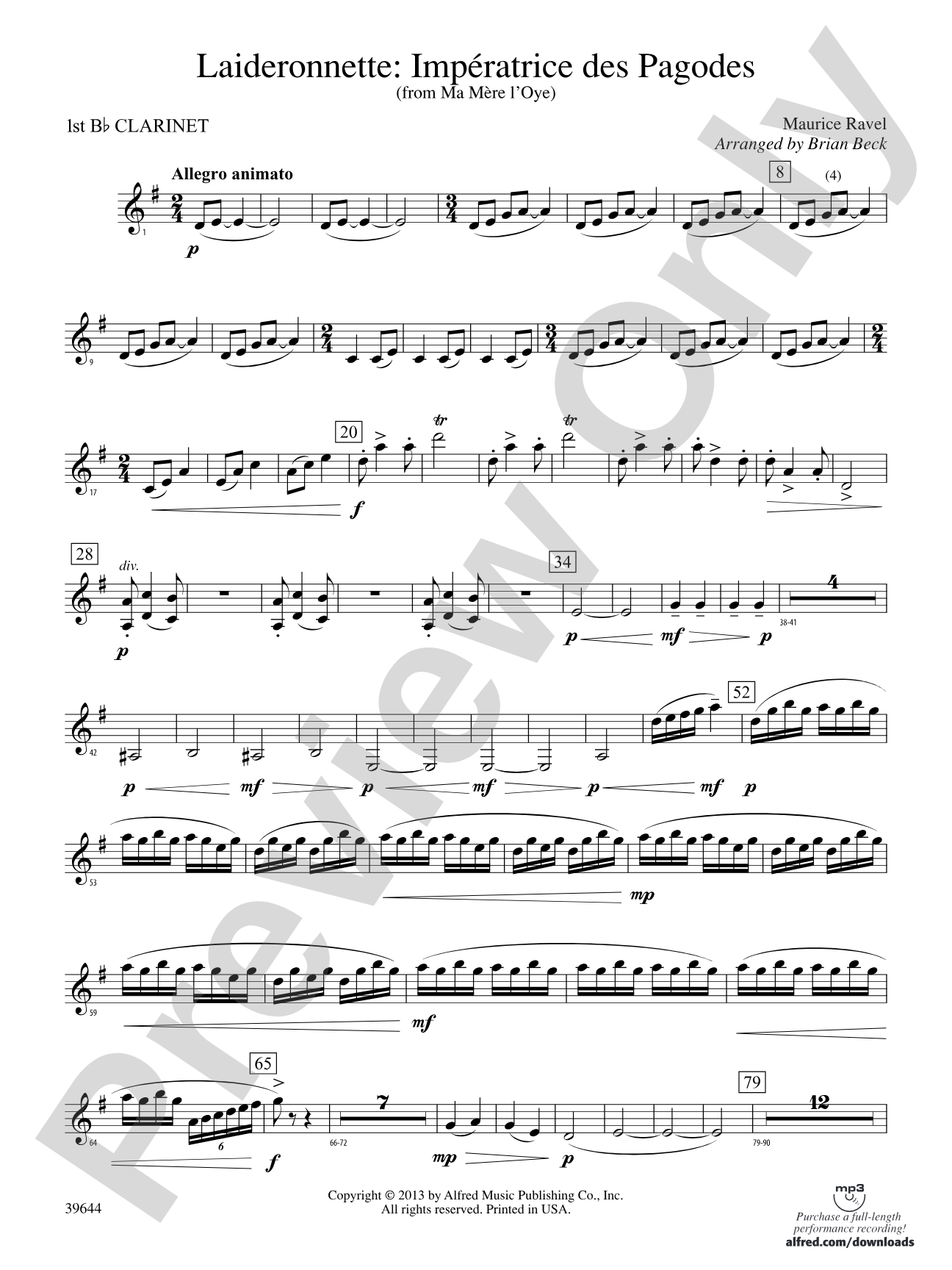Laideronnette: Impératrice des Pagodes (from Ma mère l'oye ): 1st B-flat Clarinet