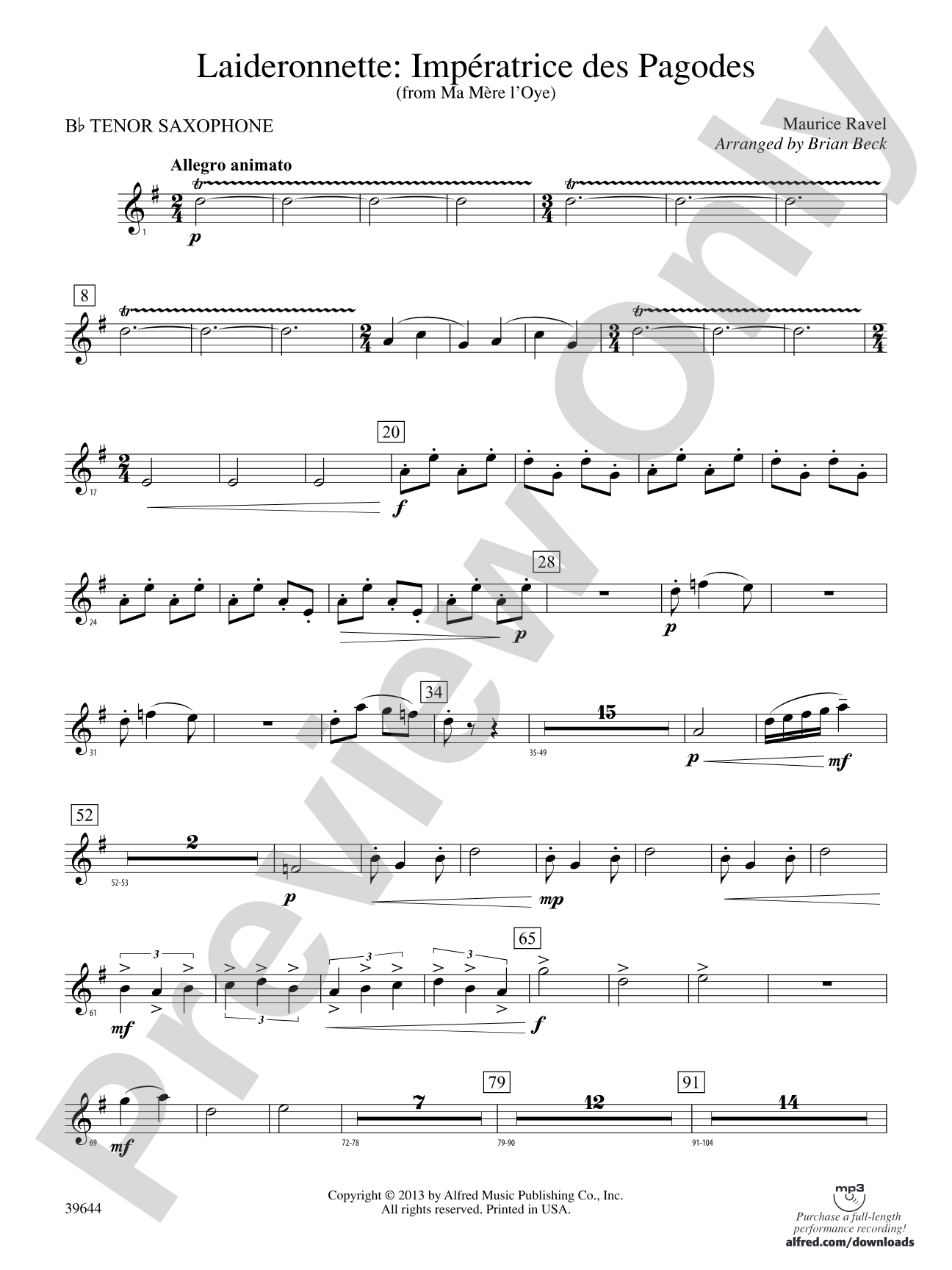 Laideronnette: Impératrice des Pagodes (from Ma mère l'oye ): B-flat Tenor Saxophone