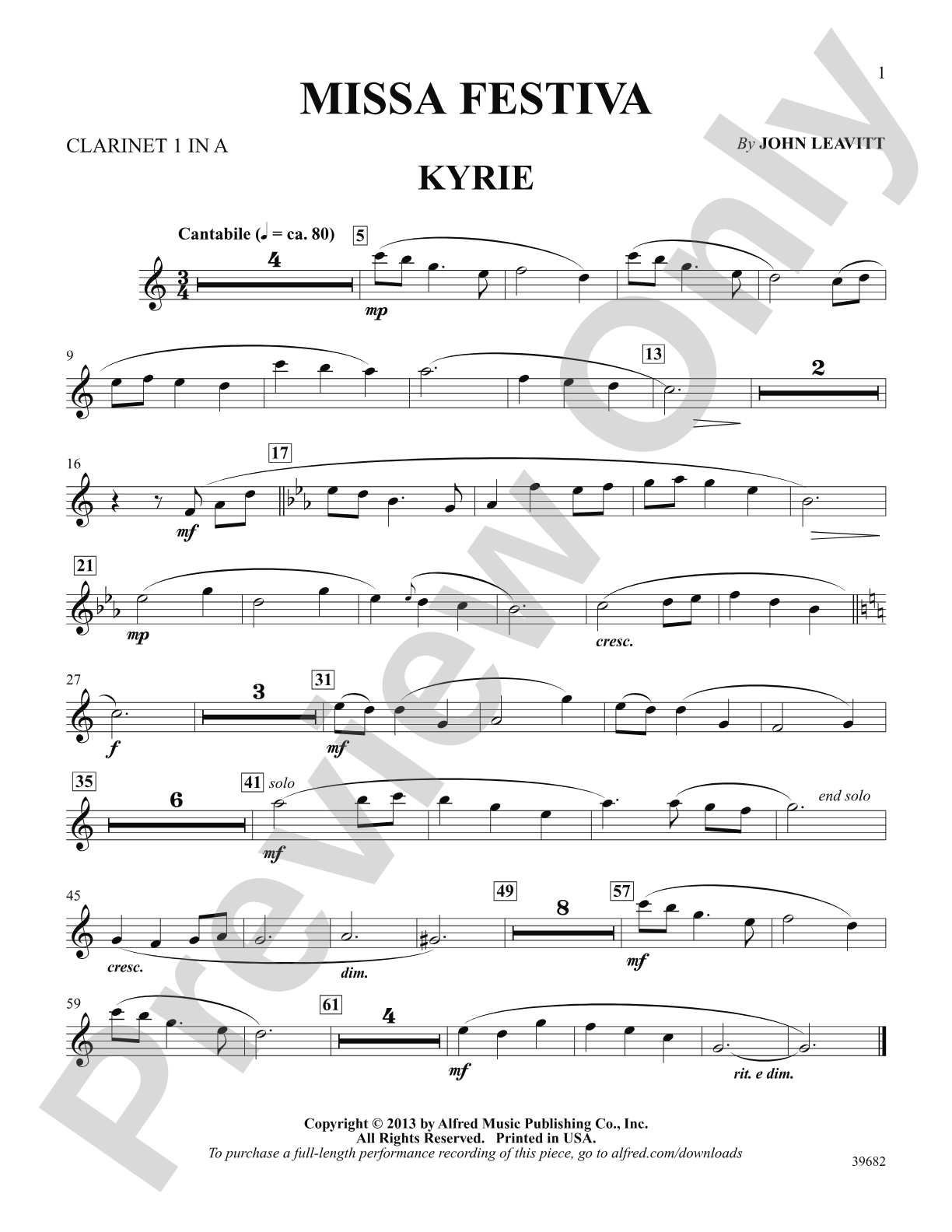 Missa Festiva: Clarinet 1 in A: Choral SoundPax