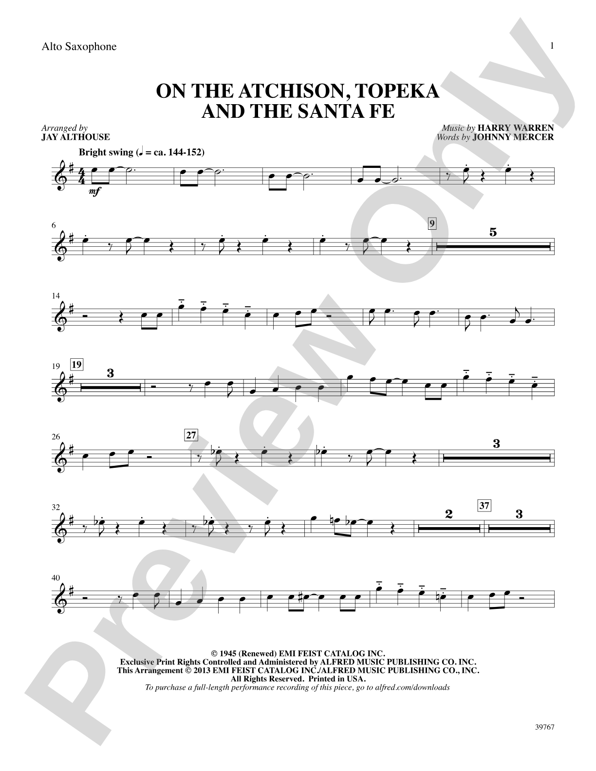 On the Atchison, Topeka and the Santa Fe: E-flat Alto Saxophone: Choral SoundPax