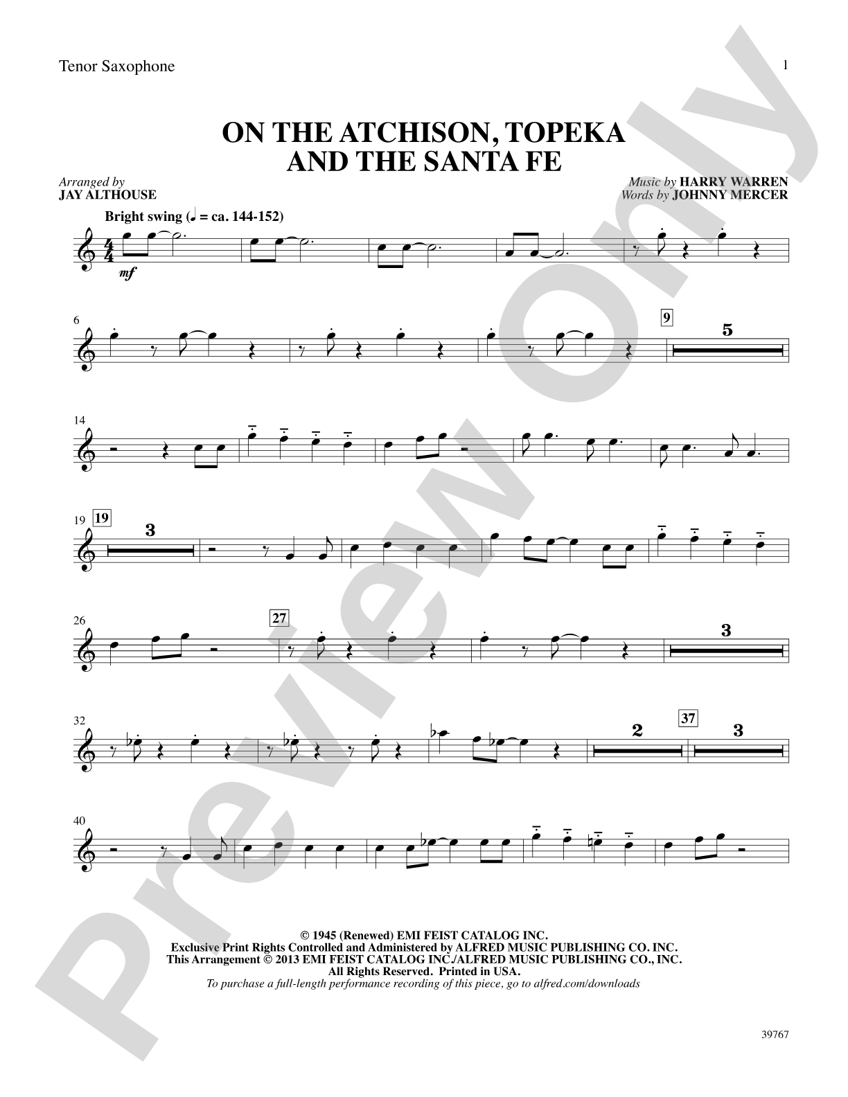 On the Atchison, Topeka and the Santa Fe: B-flat Tenor Saxophone: Choral SoundPax