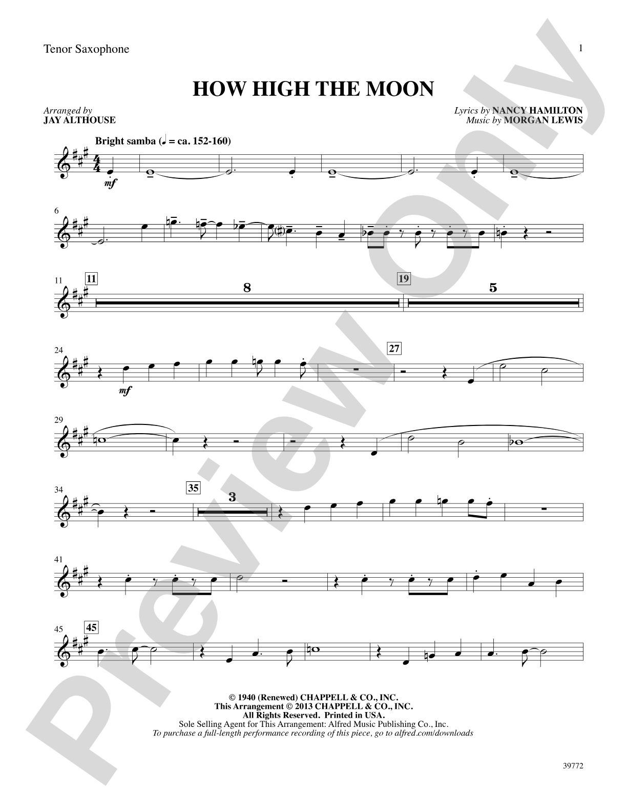 How High the Moon: B-flat Tenor Saxophone: Choral SoundPax