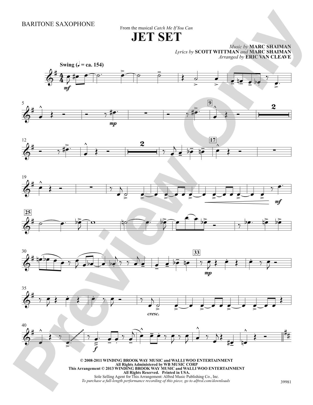 Jet Set (from the musical Catch Me If You Can): E-flat Baritone Saxophone: Choral SoundPax