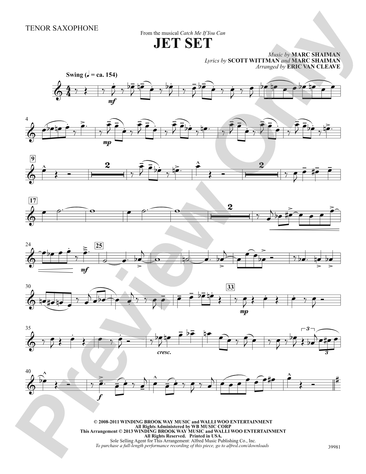 Jet Set (from the musical Catch Me If You Can): B-flat Tenor Saxophone: Choral SoundPax