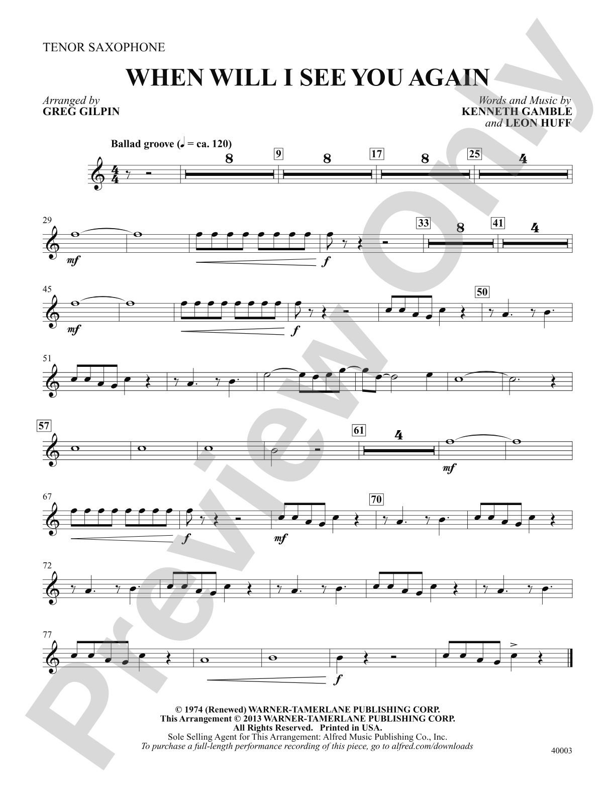 When Will I See You Again: B-flat Tenor Saxophone: Choral SoundPax