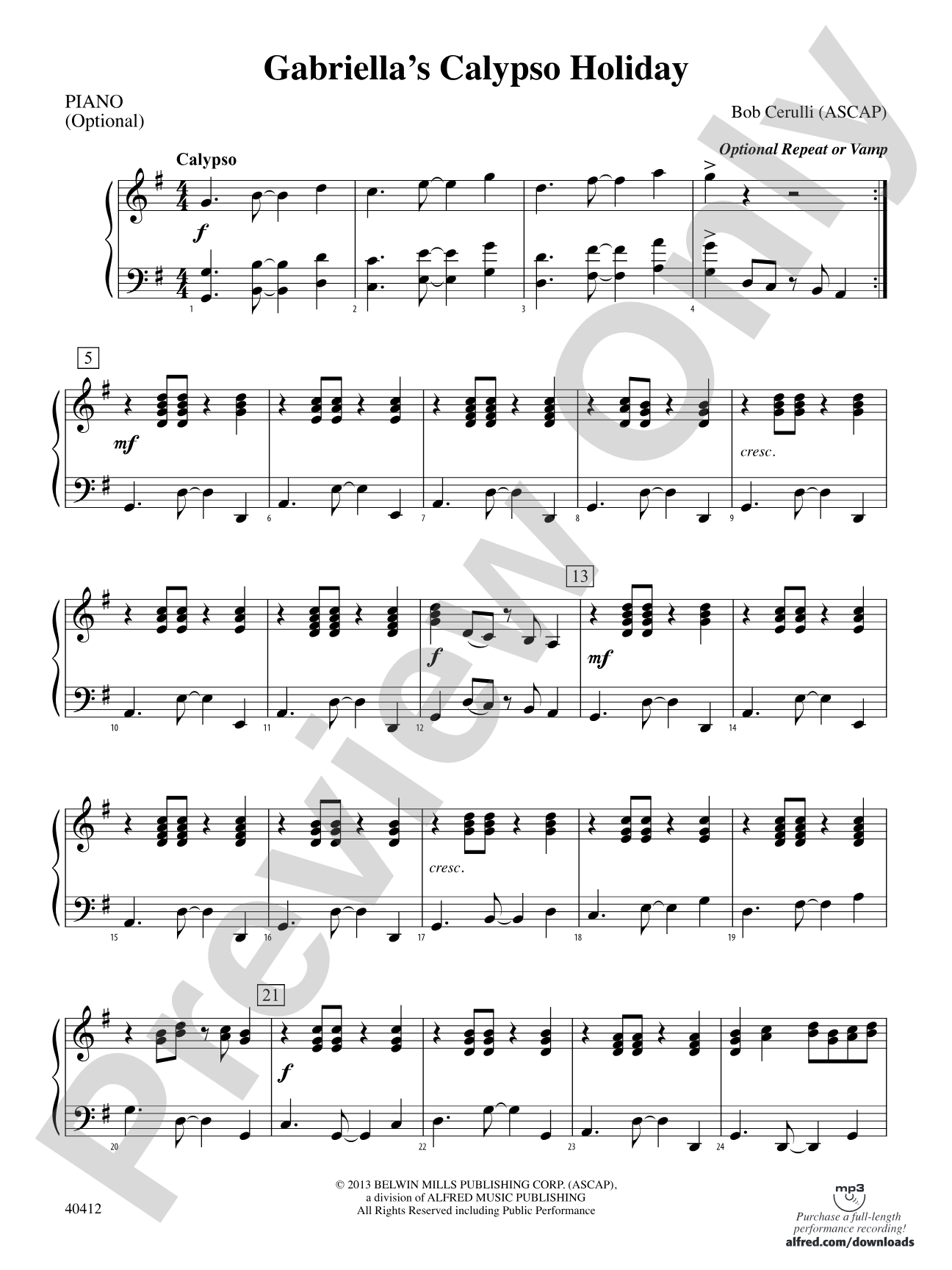 Gabriella's Calypso Holiday: Piano Accompaniment